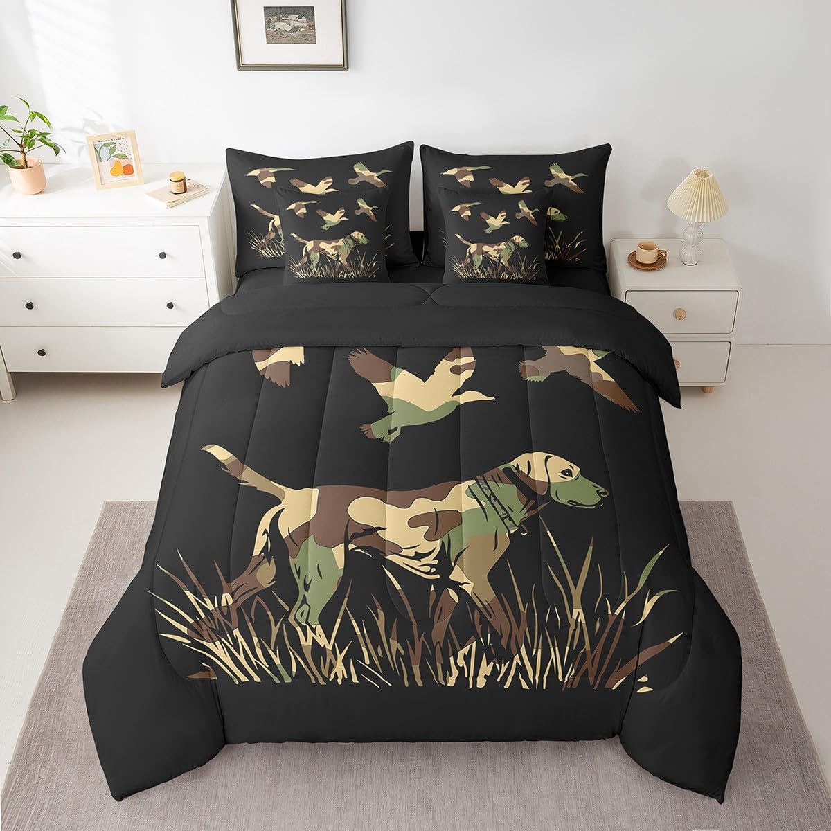 Feelyou Wild Duck Hunting 7 Piece Bedding Set Full Size for Boys Teens Kids Black Dog Hunter Comforter Set with Sheets Hunter Green Army Camouflage Farmhouse Theme Bed in a Bag Home Decor