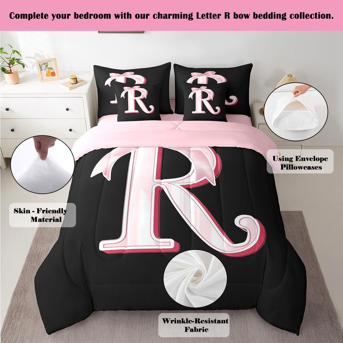 jejeloiu Kawaii Pink Bow Twin Comforter Set with Sheets,Gifts for Women Teen Girl,Personalized Initial Letter R 7 Piece Bedding Set,Soft Monogrammed Bed in a Bag with Comforter,Sheets,Pillowcases