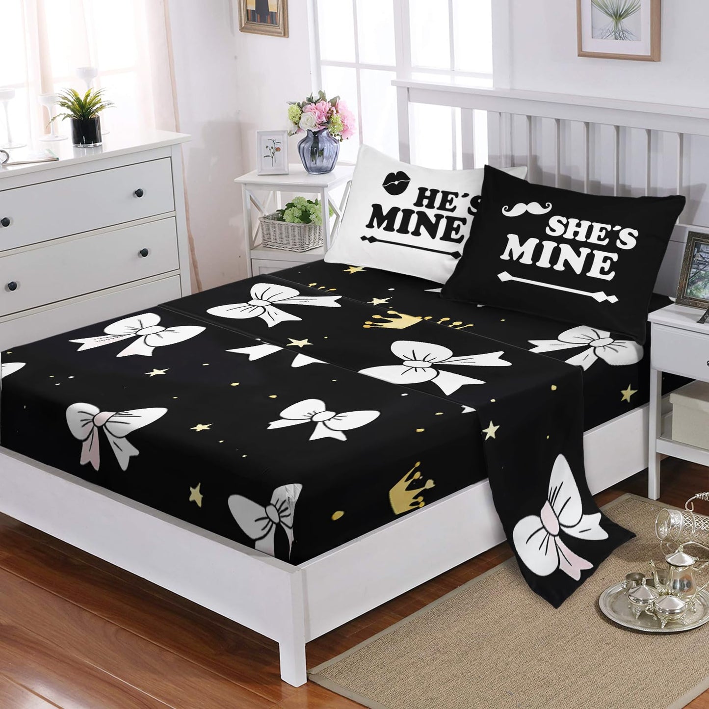 AILONEN Black and White Couple Comforter Set Full Size,7-Piece Soft Bed in a Bag,Valentine His Hers Comforter & Fitted Sheet & Flat Sheet & 2 Pillowcases,2 Pillow Shams for Bedroom