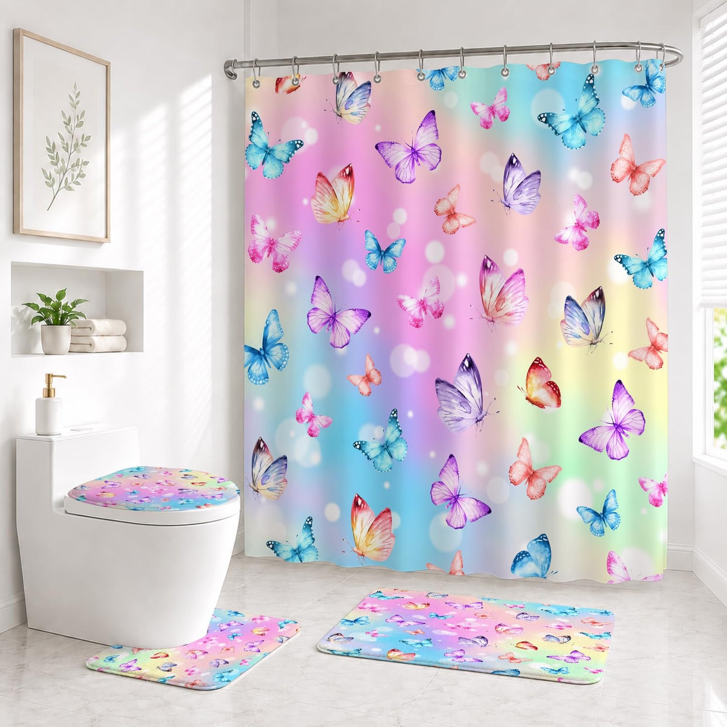 Muuyi 4Pcs Pink Bathroom Sets with Shower Curtain and Rugs, Gradient Butterfly Cute Shower Curtain Set, Women Girly Bathroom Decor, Includes Non-Slip Bath Mat, Toilet Lid Cover & 12 Hooks, 71" x 71"
