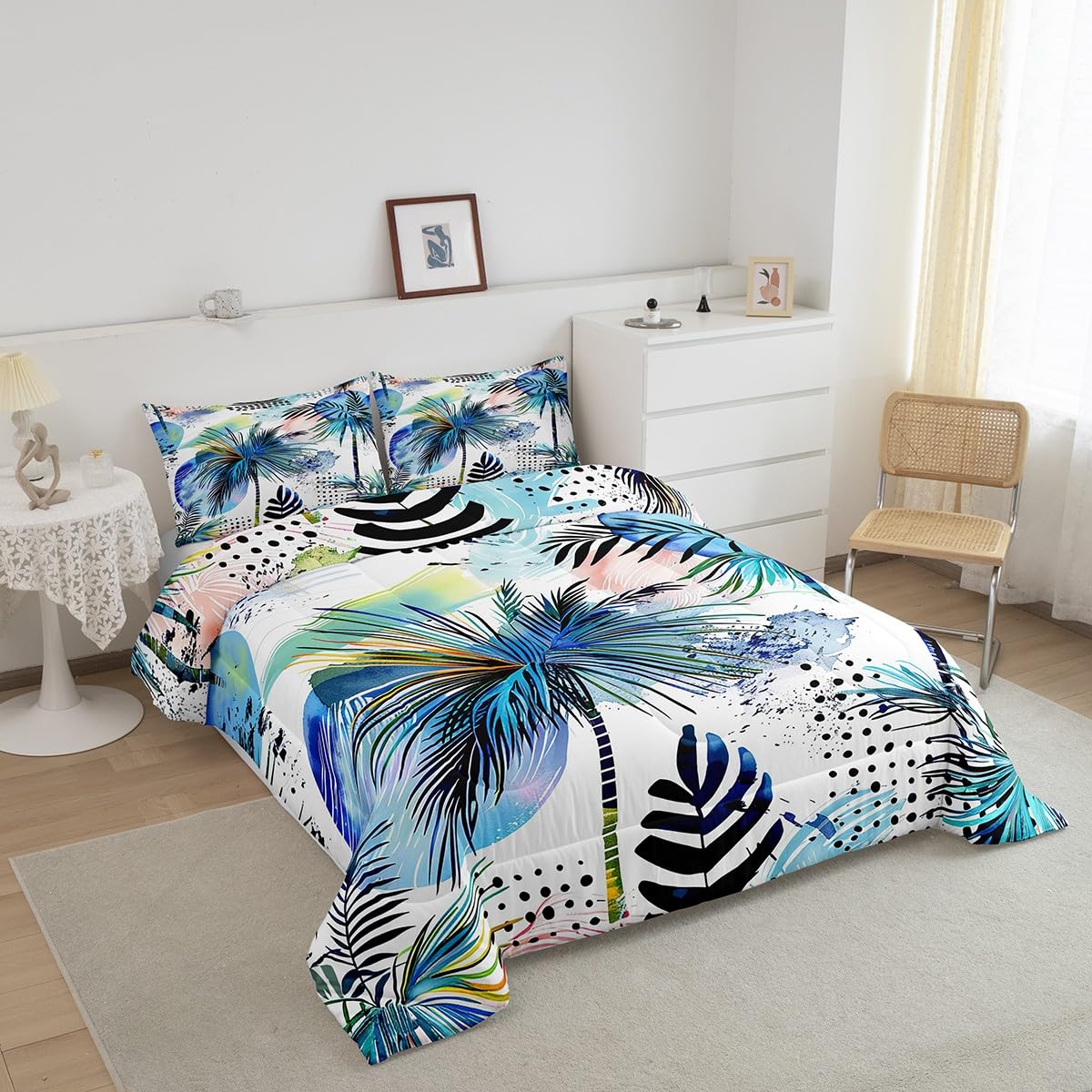 Manfei Kids Tropical Comforter Set Twin Size Palm Tree and Leaves Print Bedding Set 2pcs for Boys Teens Room Decor, Sea Beach Theme Quilt Set Modern Fashion Duvet Set with 1 Pillowcase