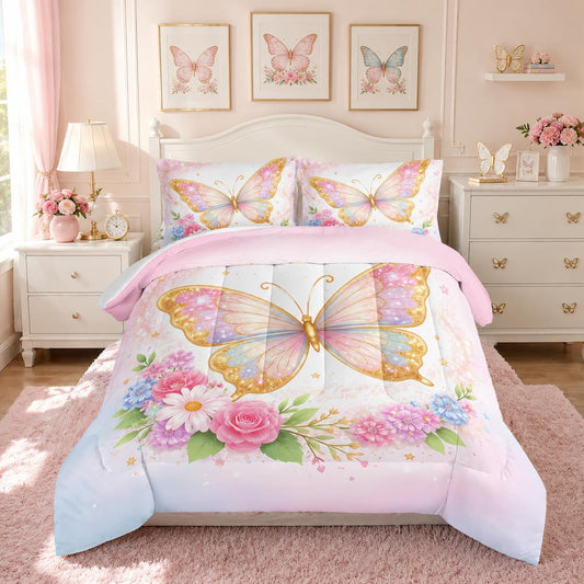 UEVBF Gold Glitter Butterfly Comforter for Girls,Floral Rose Bedding Set Twin Size for Kids Room Decor,Romantic Aesthetic Butterfly 3 Piece Bed Set with 2 Pillowcases.