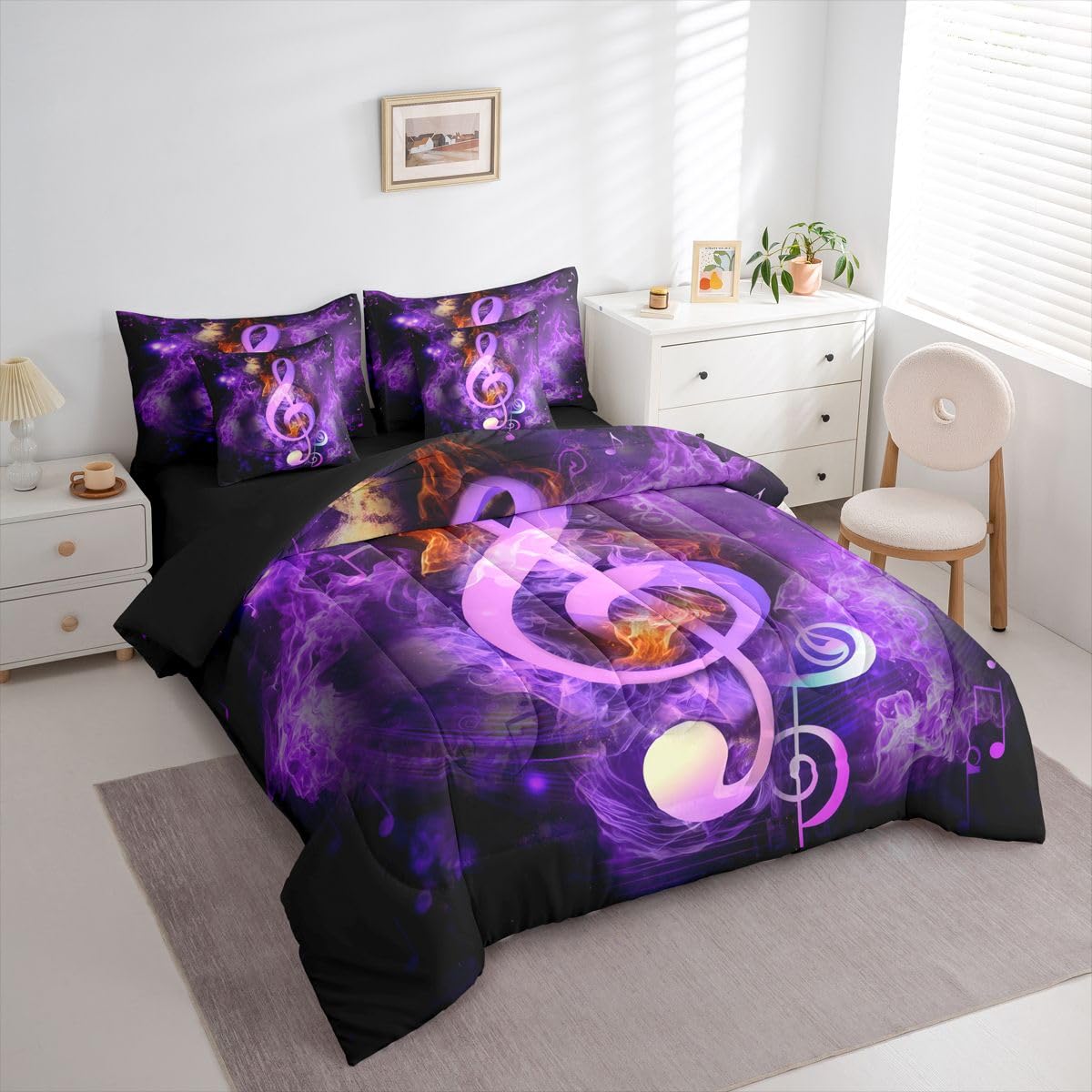 Erosebridal Musical Notes 7 Piece Comforter Set Full Bed in a Bag,Music Bedding Sets Watercolor Hippie Pop Sheet Set with Comforter