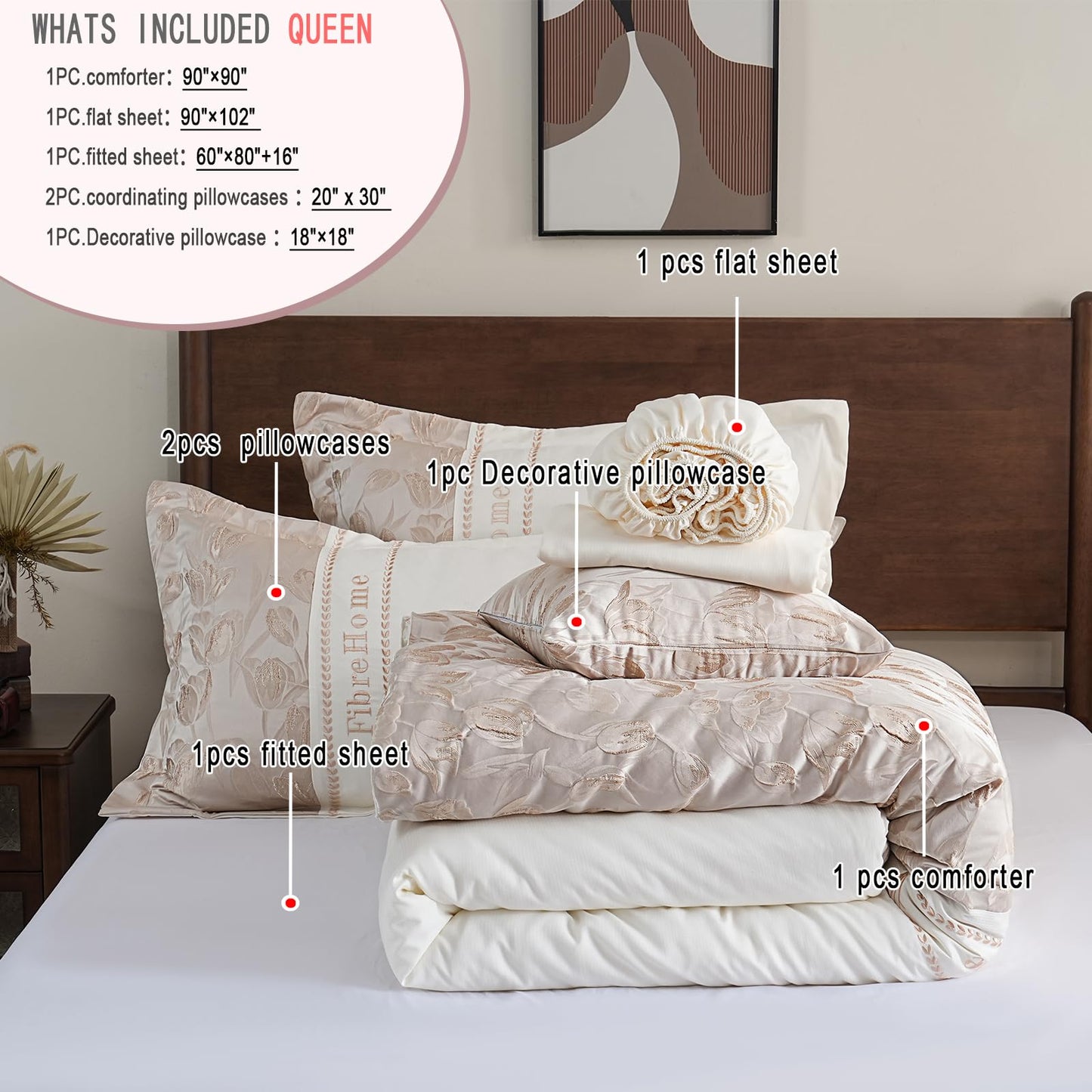 Queen Bed in a Bag 6-Pieces Jacquard Embroidery Splicing Design Tulip Flowers Bedding Set Beige and Champagne Comforter Set Durable and Super Soft Microfiber Comforter for All Season (fd002-Queen)