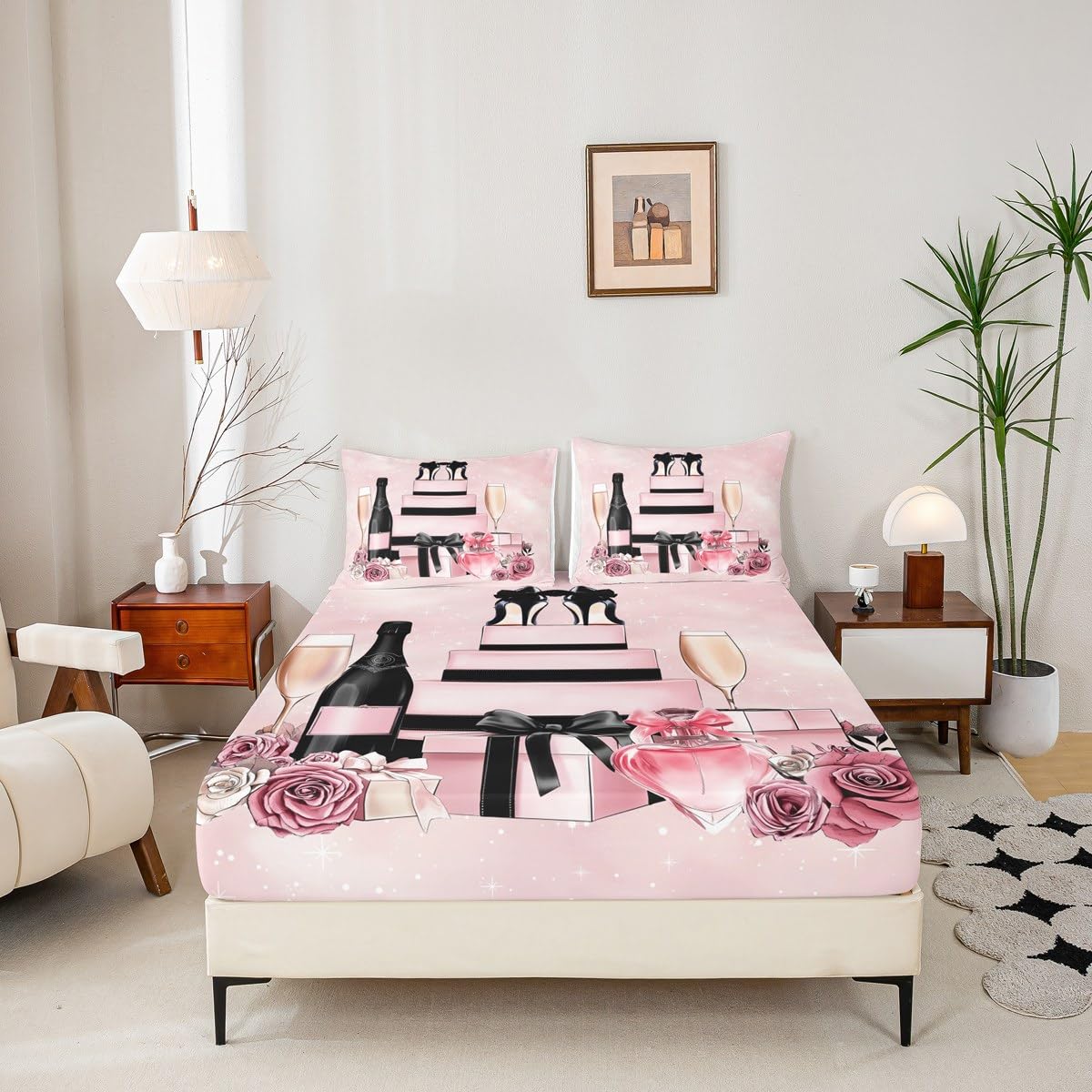 Erosebridal Pink Fashion Girly Bed Sheets King Retro Rose Floral Sheet Set for Girls Women Kids Teens High Heel Perfume Sheets Modern Coquette Bow Trendy Elegant Aesthetic Bedding Set,Pink and Black