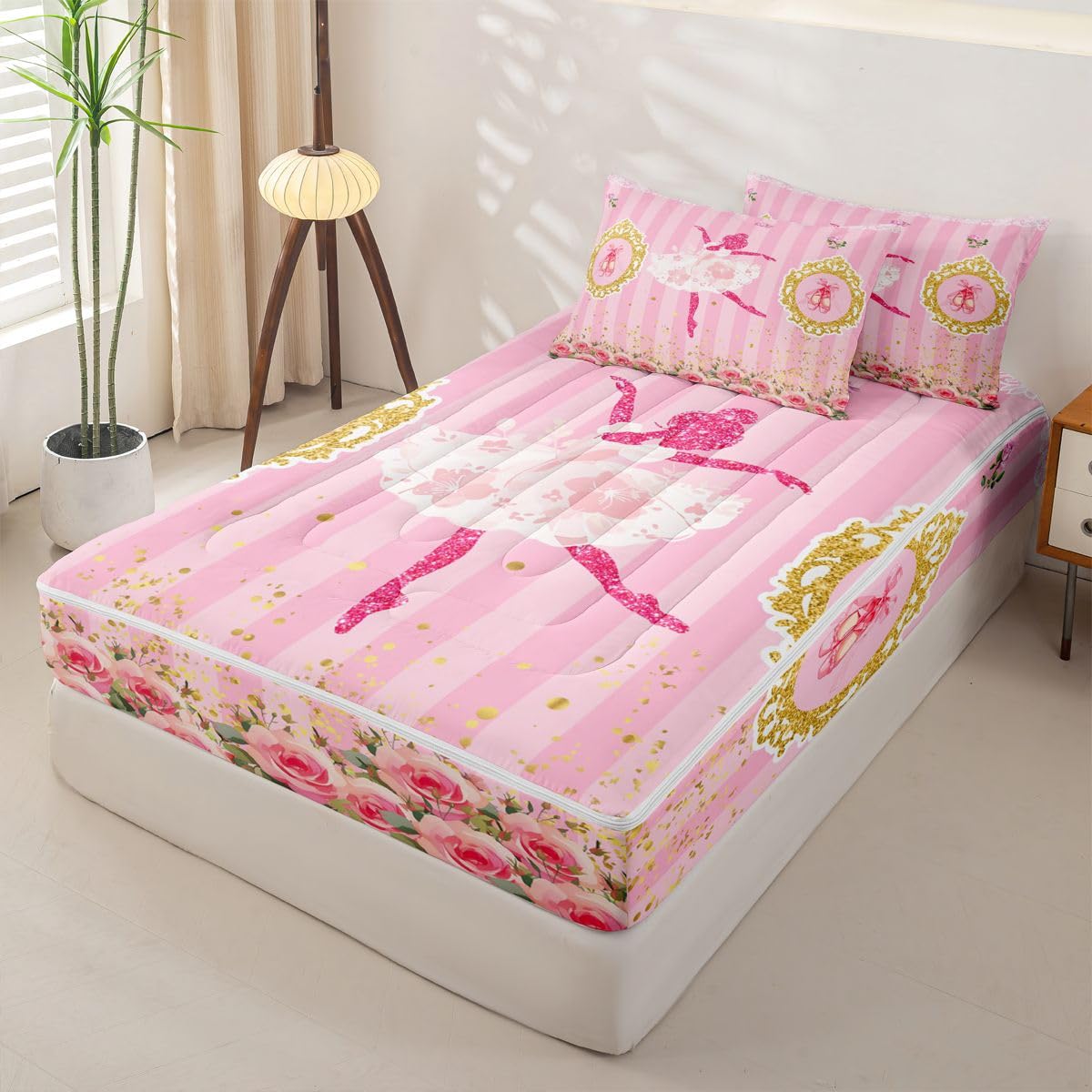 Feelyou Ballet Dancer Queen Comforter Set with Fitted Sheet for Girls Boys Kids Ballet Shoes Comforter Room Decorbotanical Floral Zipper Bedding Sets Glitter Gold Pink Bed in A Bag Room Decor Boys