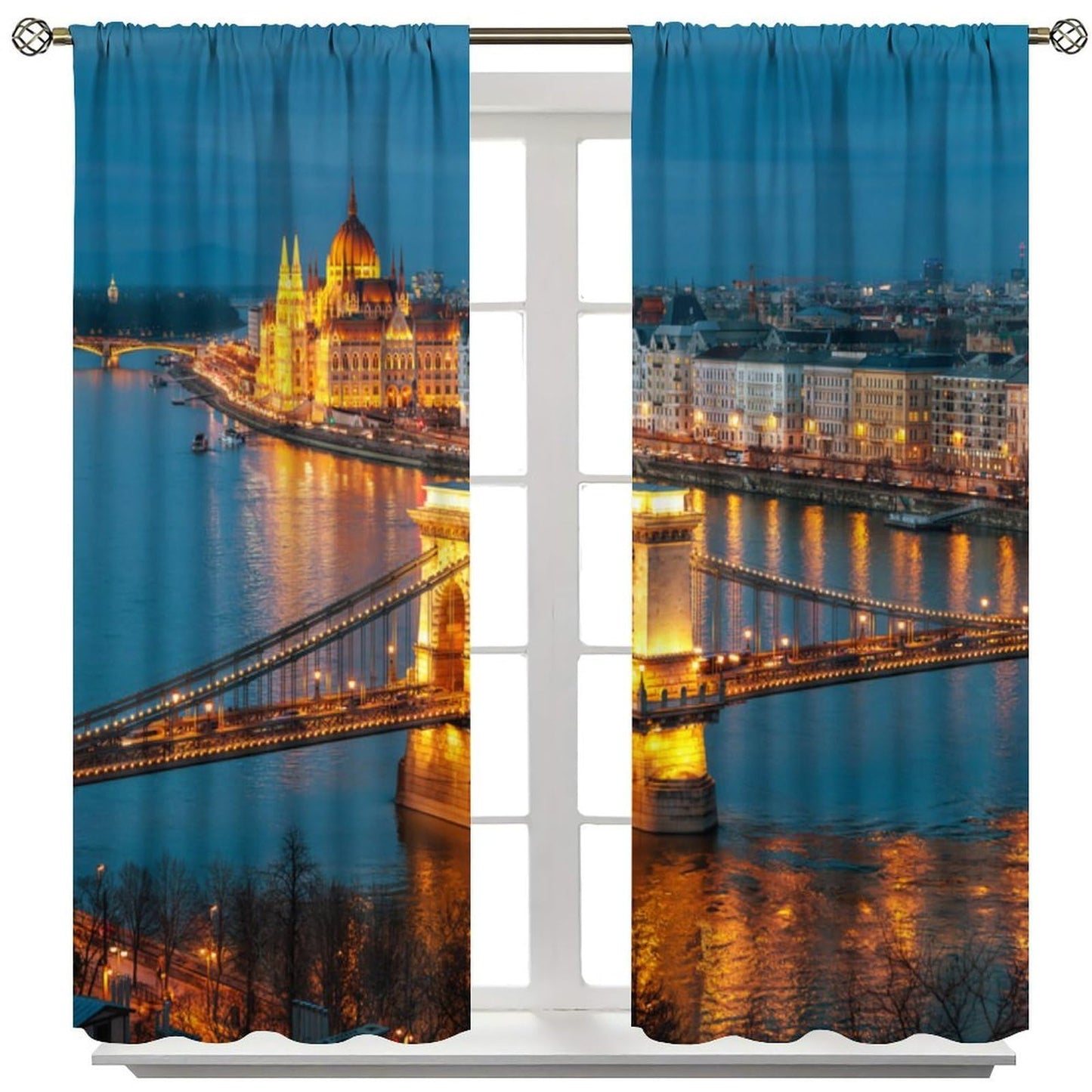 City Skyline Curtains, Blue Gold Bridge River Night View Print, Rod Pocket Light Filtering Window Drapes for Living Room Bedroom, 20.5" W x 44.5" L, 2 Panels （No Blackout）