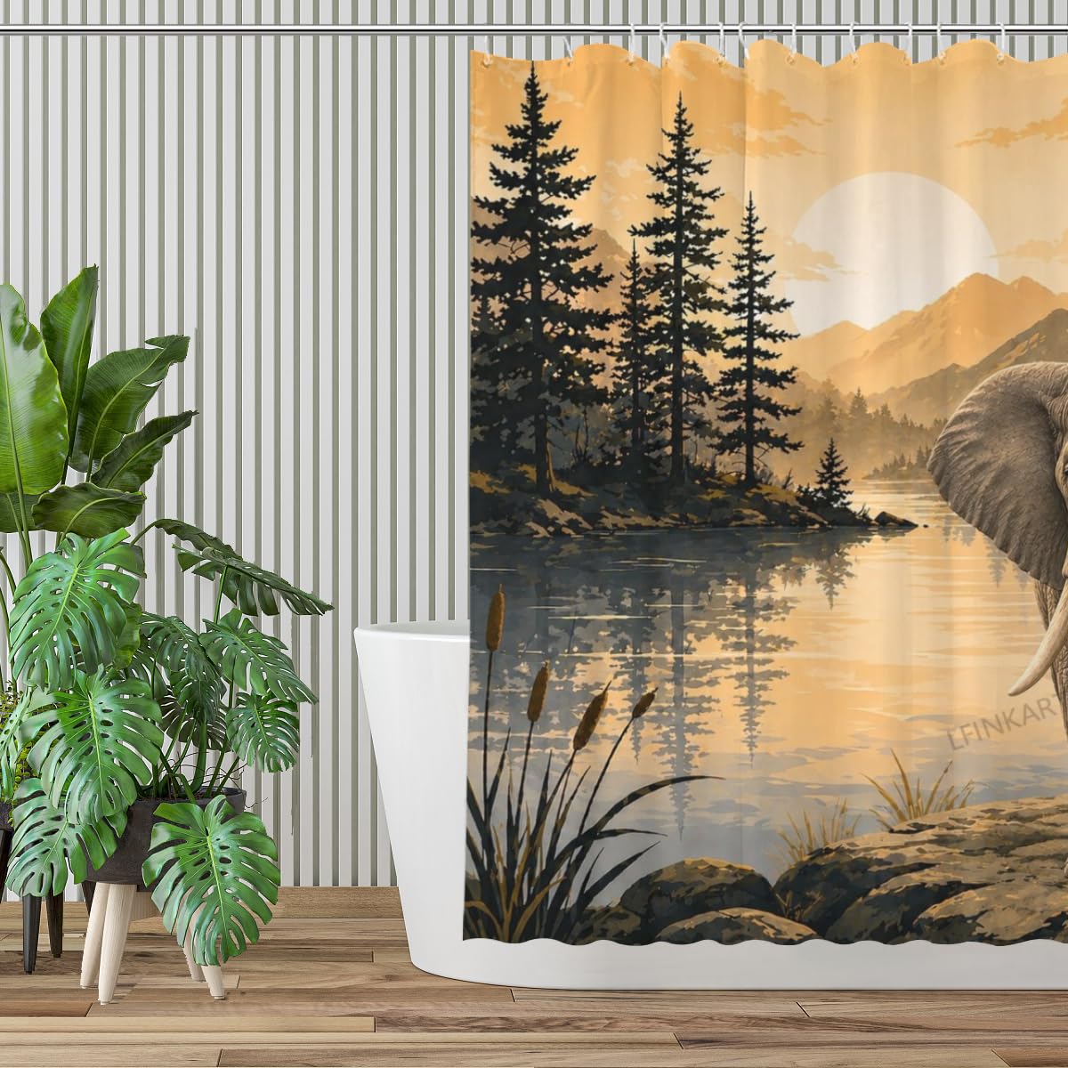 LFINKARTGOGO Cute Elephant Shower Curtain Mountain Lake with Forest and Sunset Landscape 72x72 with 12 Hooks Waterproof Washable Polyester Bath Curtain for Home Hotel Decor