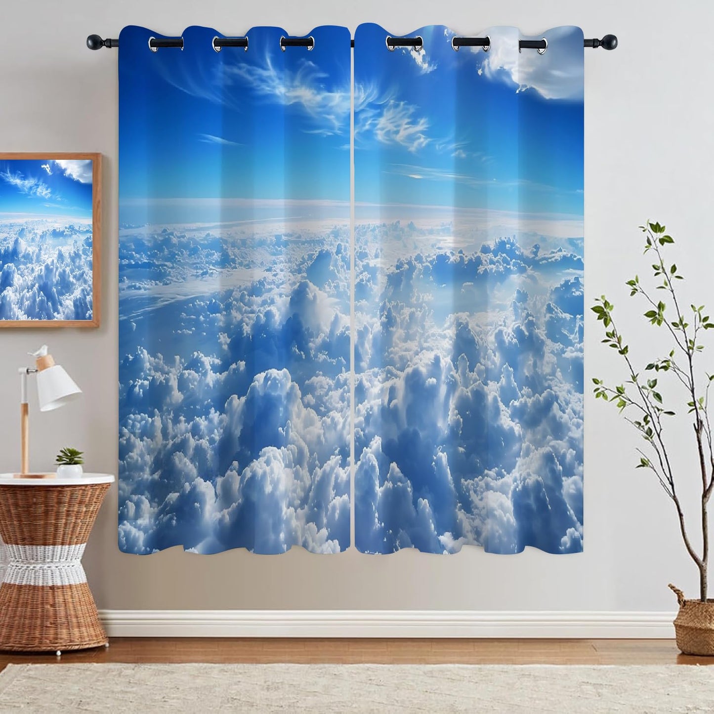Vast Sky Scenery Blackout Window Curtain, Thick White Clouds 3D Print Curtain 2 Panels, Noise Reducing Darkening Top Grommet Drapes for Bedroom Living Room Kitchen(42" W x 63 "L)