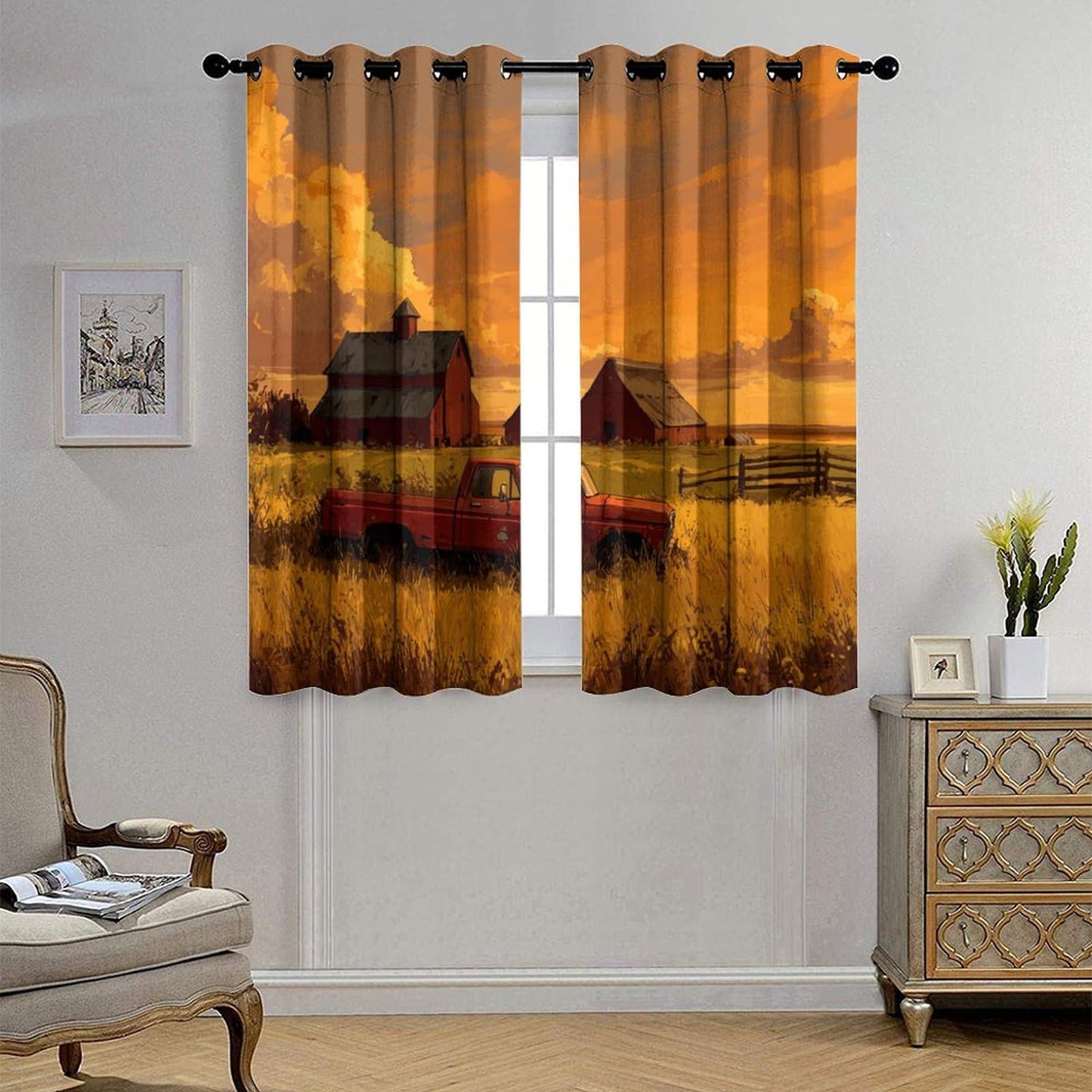 NAQSKQF Farmhouse Red Truck Barn Sunset Blackout Curtains, Grommet Thermal Insulated Window Drapes, Vintage Wheat Cloud Fence Print for Bedroom Living Room, 21W x 45L Per Panel, Set of 2 Panels