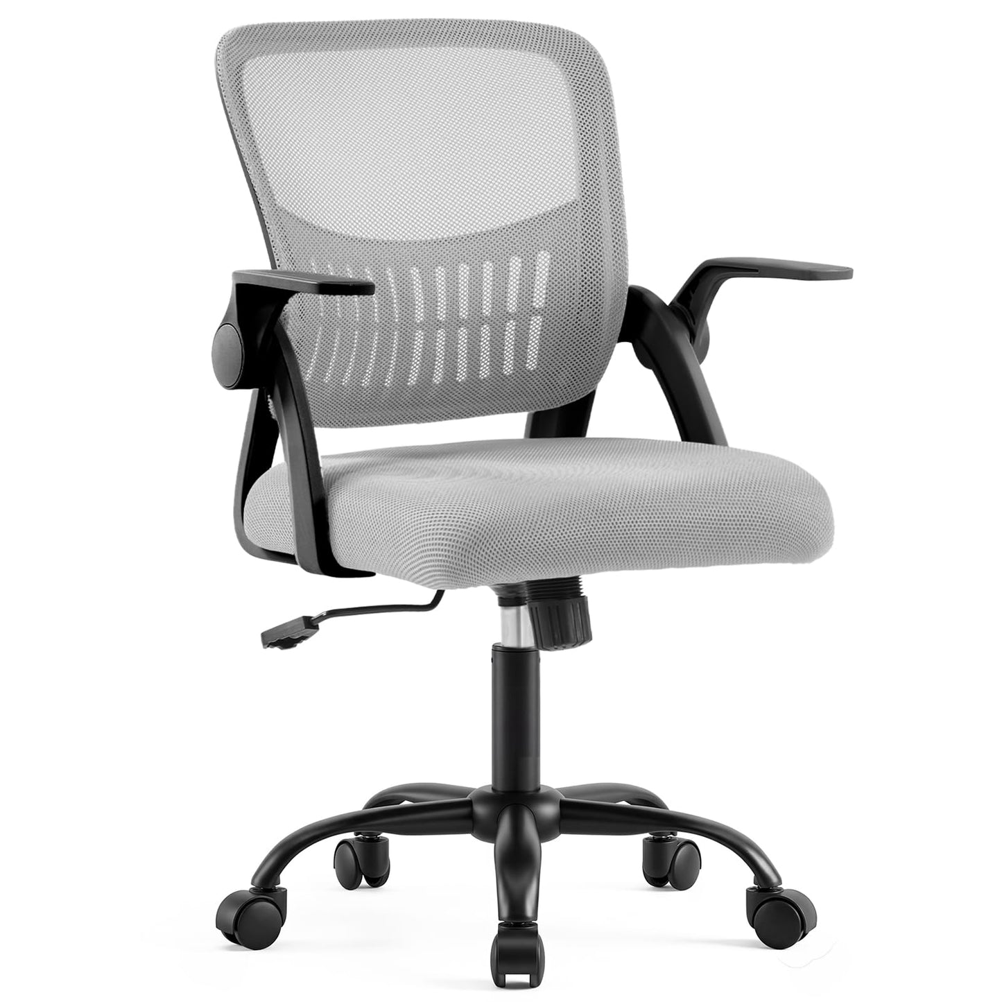 DUMOS Home Office Desk Chair - Ergonomic Computer Mesh Chair with Lumbar Support & Rocking Mode, Height Adjustable with Flip-up Armrest, for Conference, Meeting Room, 360° Swivel, Adults, Grey