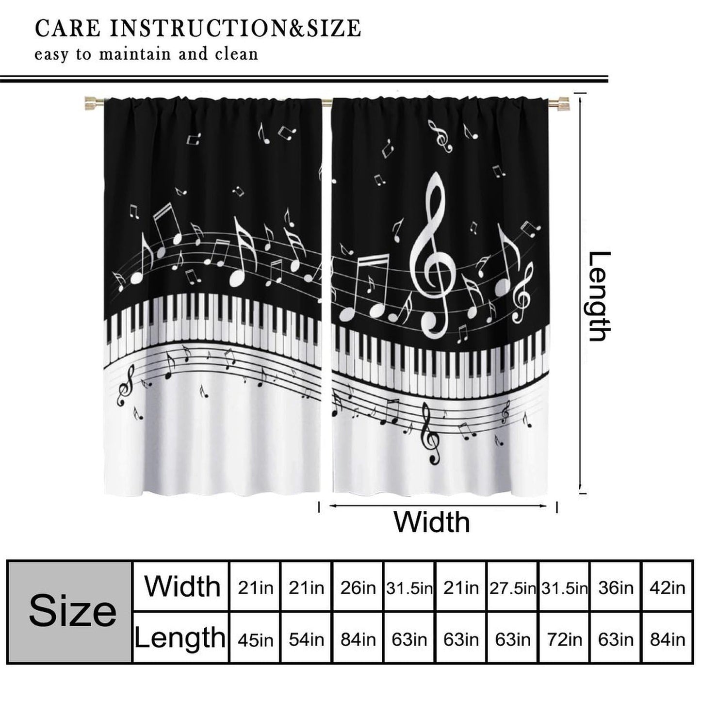 Music Notes Curtain, Black White Musical Notes Piano Key Musical Instruments Modern Romantic Art Window Drapes for Bedroom Living Room 42" W X 45" L(No Blackout)
