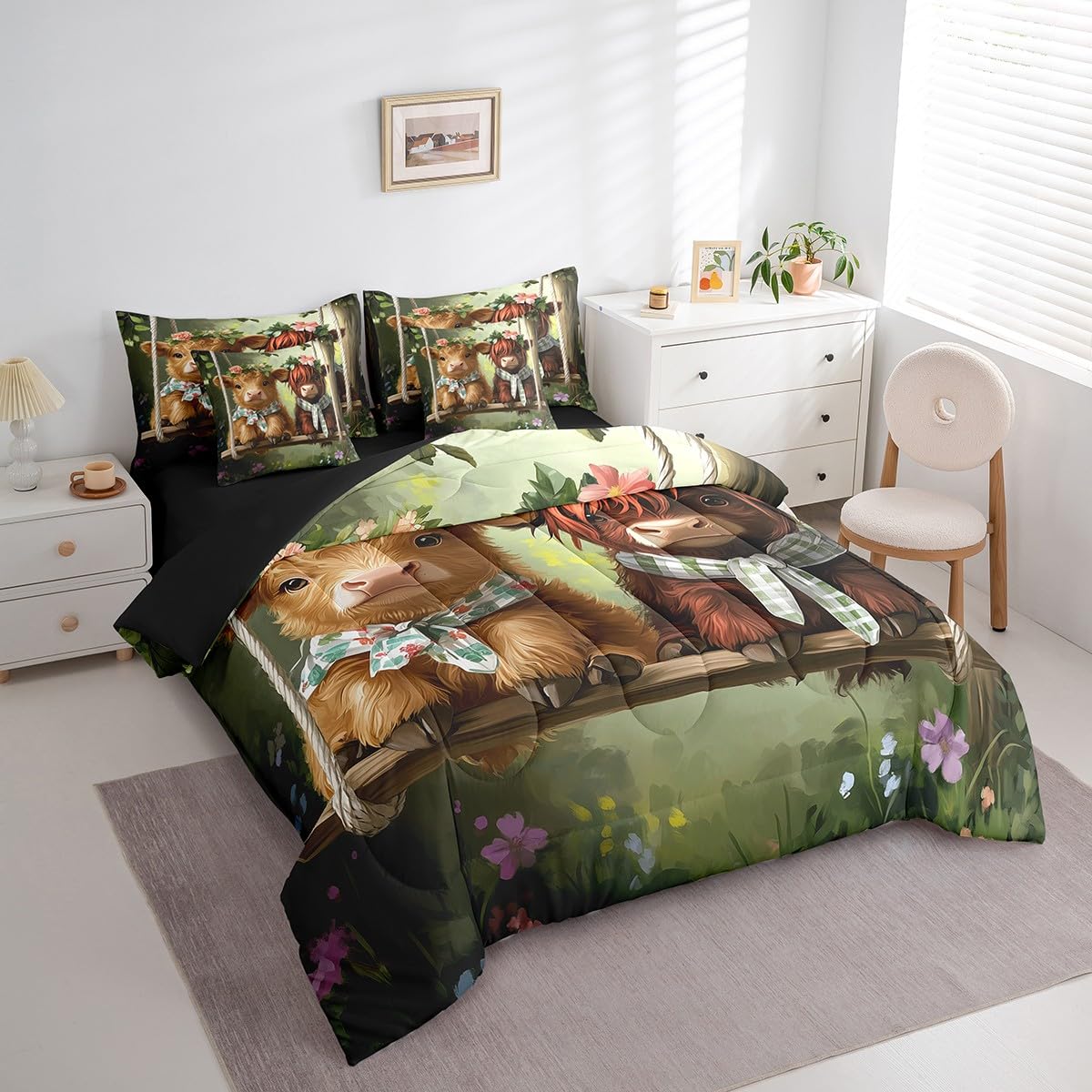 Erosebridal Highland Cow Comforter Set King Size,Western Cow Bedding Set for Kids Teens,Farmhouse Animal (Comforter+Fitted+Flat Sheet+2 Pillowcases+2 Throw Pillow Covers) 7 Pieces Bed Set