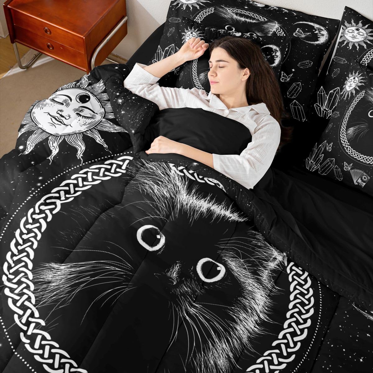 Erosebridal Cartoon Black Cat 7-Piece Bedding Set Full Size for Kids Teens Adults - Kids Cute Cat Bed in a Bag Boho Sun and Moon Comforter Set with Sheets Boho Diamond Butterfly Duvet Insert