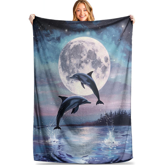 MIEPOS Dolphin and Moon Throw Blanket - Soft, Cozy, Lightweight Flannel, Warm, Plush, Fuzzy Decor for Couch, Office, Travel - Mystical Night Sky and Ocean Design 50×60 Inch