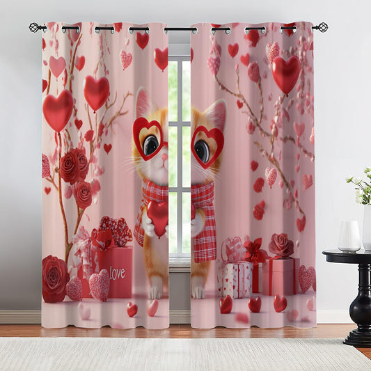 YXQAIED Cat Curtains for Bedroom, Heart-Shaped Rose Blackout Curtains 84 inch Long, Romantic Cartoon Curtain & Home Decor, 3D Printed Room Divider Drape, 2 Panels