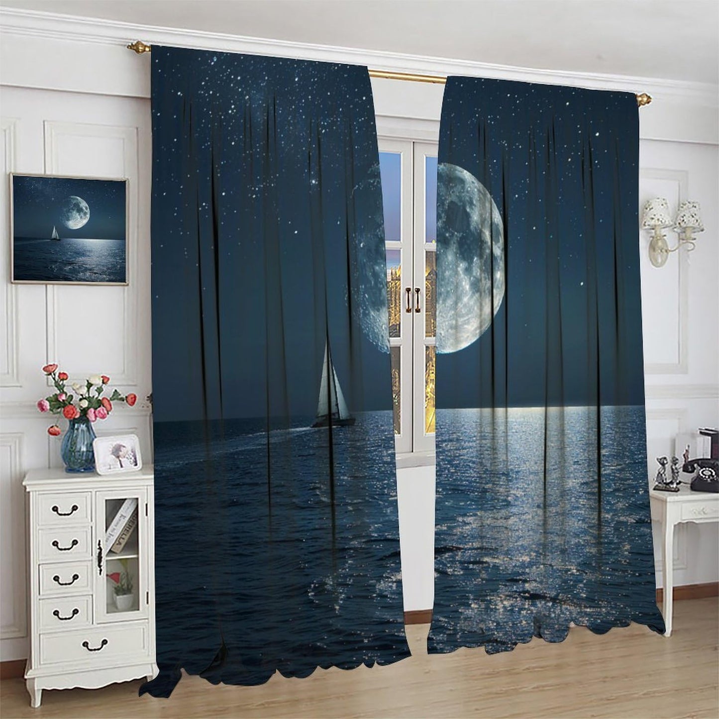 TOWINSFB Modern Sailboat Star Moon Blackout Curtains for Living Room Bedroom, Seaside Nature Ocean Window Curtains Rod Pocket Thermal Insulated Window Drapes, 2 Panels, Each 21" W x 63" L