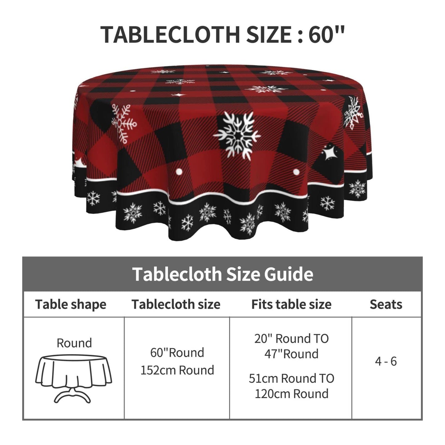 Christmas Tablecloth, Red Black Buffalo Plaid Round Tablecloth 60 Inch, Winter Snowflake Table Cloth for Rustic Farmhouse Kitchen Decor, Xmas Holiday Outdoor Wipeable Polyester Fabric Table Cover