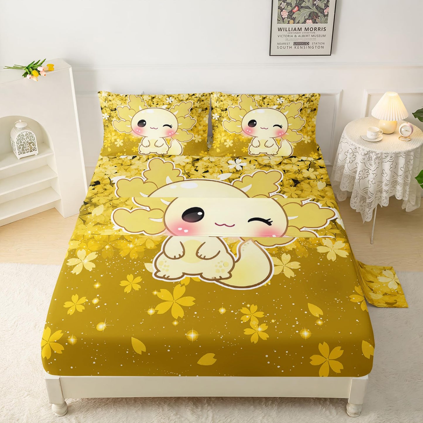 QOOMO Cartoon Animals Kids Sheet Set Queen Size,Kawaii Axolotl Print Bedding Set Lightweight All Seasons,Yellow Sets for Room Decoration,1 Fitted Sheet,1 Flat Sheet,2 Pillow Cases