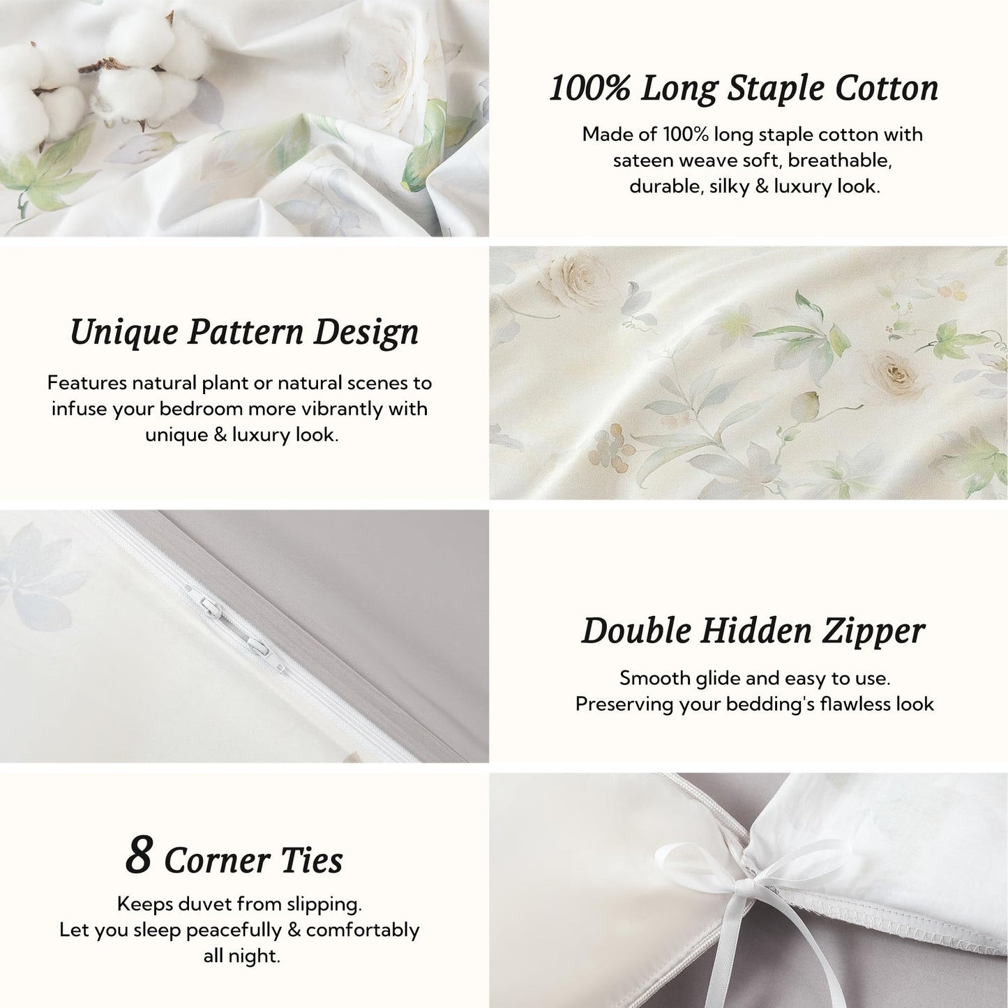 MILDLY Queen Duvet Cover Set - 100% Long-Staple Cotton Beige Floral Patten Reversible Comforter Cover - 3Pcs Soft Breathable Luxury Bedding for All Season