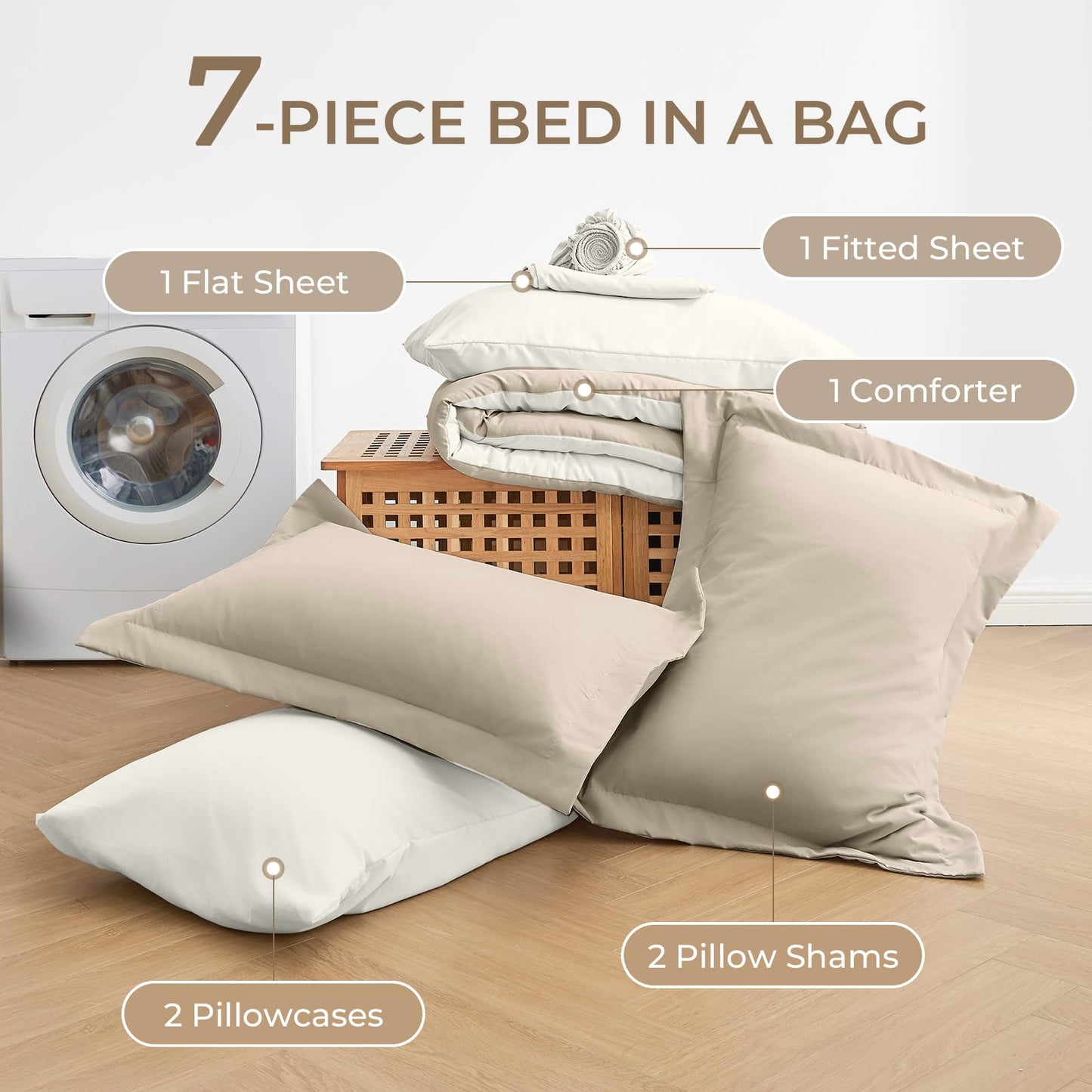 Sasttie Queen Comforter Set, 7 Pieces Reversible Bed in a Bag Queen, Complete Bedding Set Includes Comforter, Flat Sheet, Fitted Sheet, Pillowcases and Pillow Shams, Beige & Ivory
