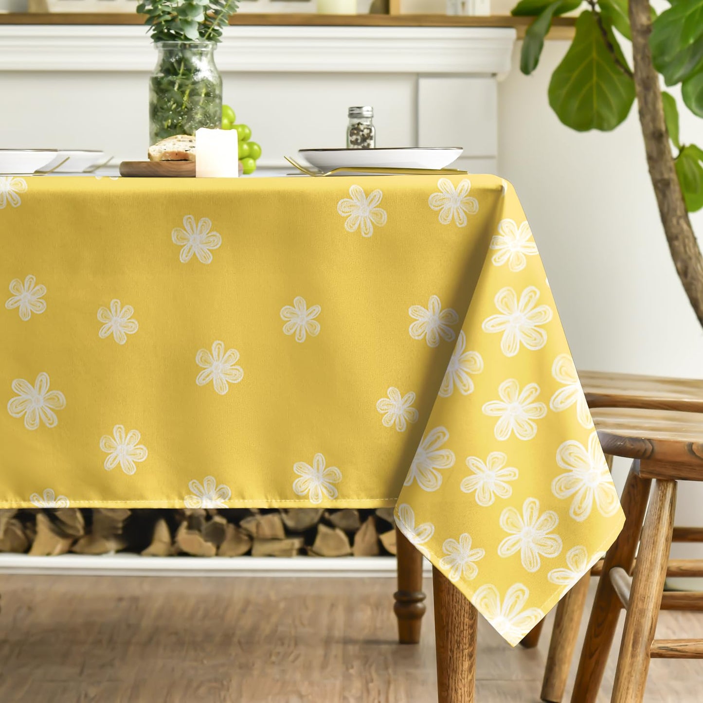 Horaldaily Spring Tablecloth 60×84 Inch Rectangular, Sketchy Style Flowers Yellow Washable Seasonal Table Cover for Party Picnic Dinner Decor
