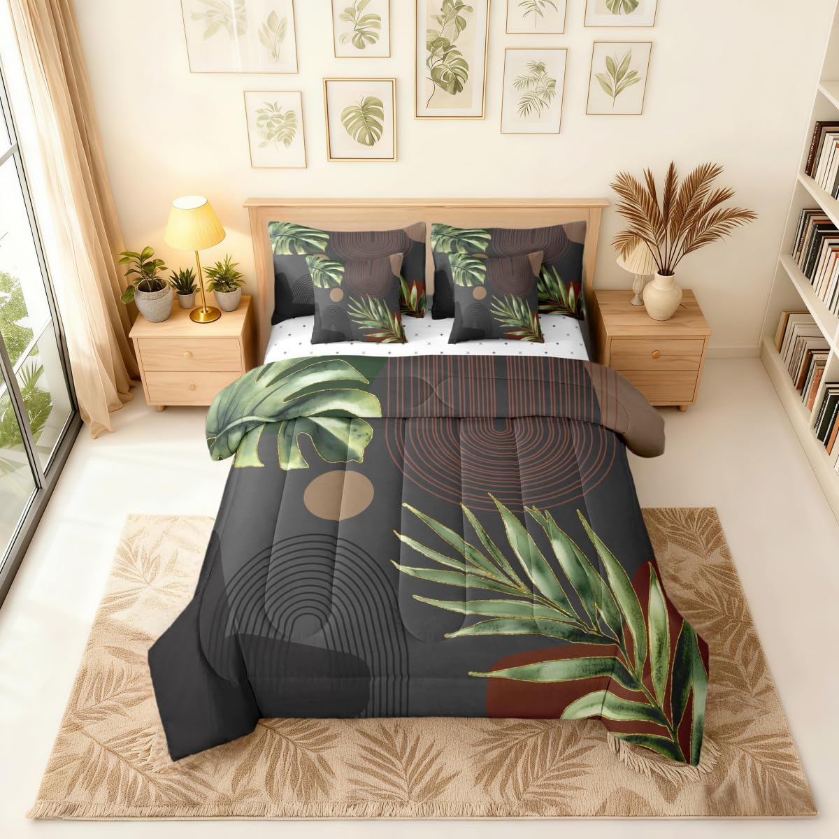 Erosebridal Black Green Brown Boho Full Comforter Set with Sheets, Abstract Mid Century Simple 7 Pcs Bedding Set, Retro Tropical Leaves Bed in A Bag, Modern Minimalist Aesthetic Geometric Bed Sets