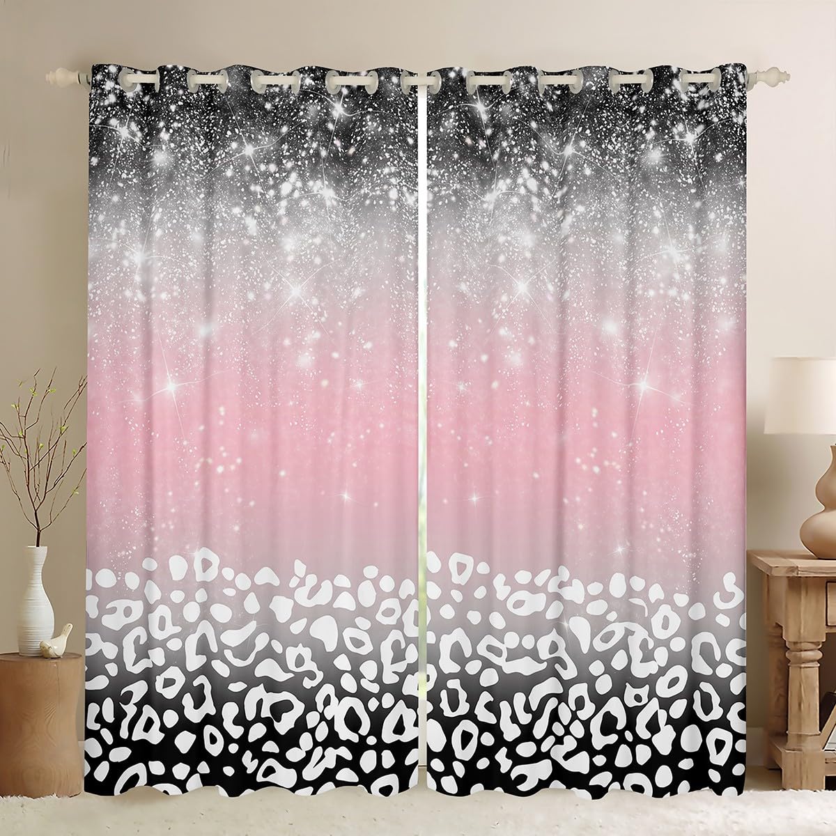 jejeloiu Leopard Print Curtains for Bedroom Living Room (2 Panels, 42 x 63 Inch) Kids Pink and Black Blackout Curtains Glitter Pattern Darkening Drapes Gradient Stryle Window Treatments