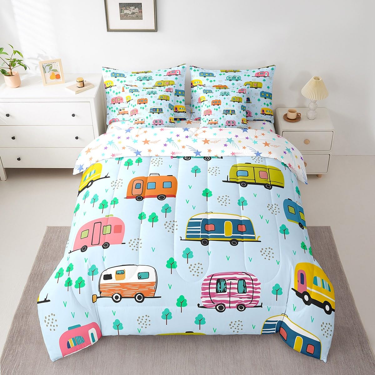 Erosebridal Travel RV Comforter Set Twin Size,Happy Camping Bedding Set for Kids Teens,Cartoon Trees (Comforter+Fitted+Flat Sheet+2 Pillowcases+2 Throw Pillow Covers) 7 Pieces Bed Set