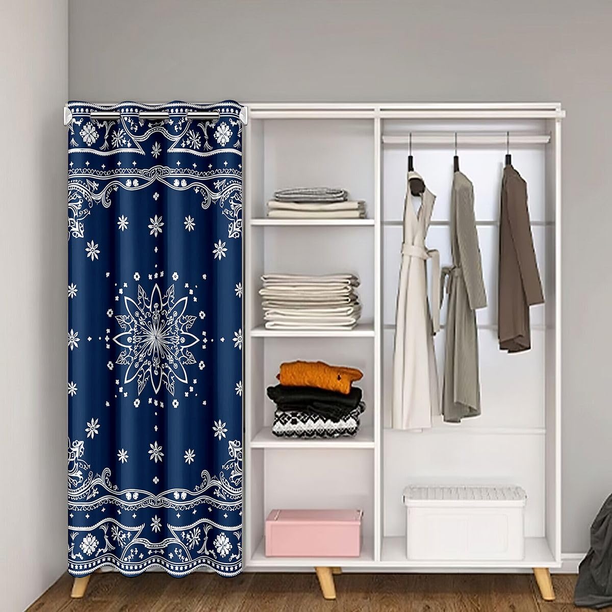 Feelyou Flower Door Curtain for Doorway Window 42" x 84" Paisley Thermal Insulated Temporary Room Dividers Boho Paisley Navy Blue Print Closet Cover Bedroom Living Room Microfiber