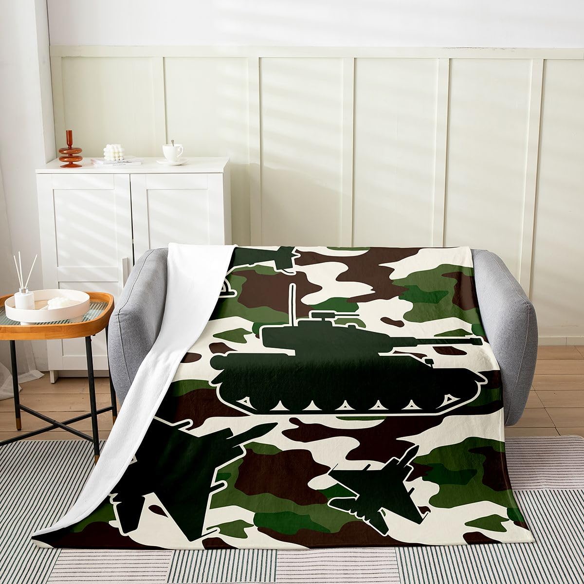 Erosebridal Camo Military Vehicle Flannel Blanket Throw 50x60 Inch Tank & Jet Silhouette Fleece Blanket Boys Men Modern Army Aircraft Fuzzy Plush Throw Kids Adults Camouflage Art Decor