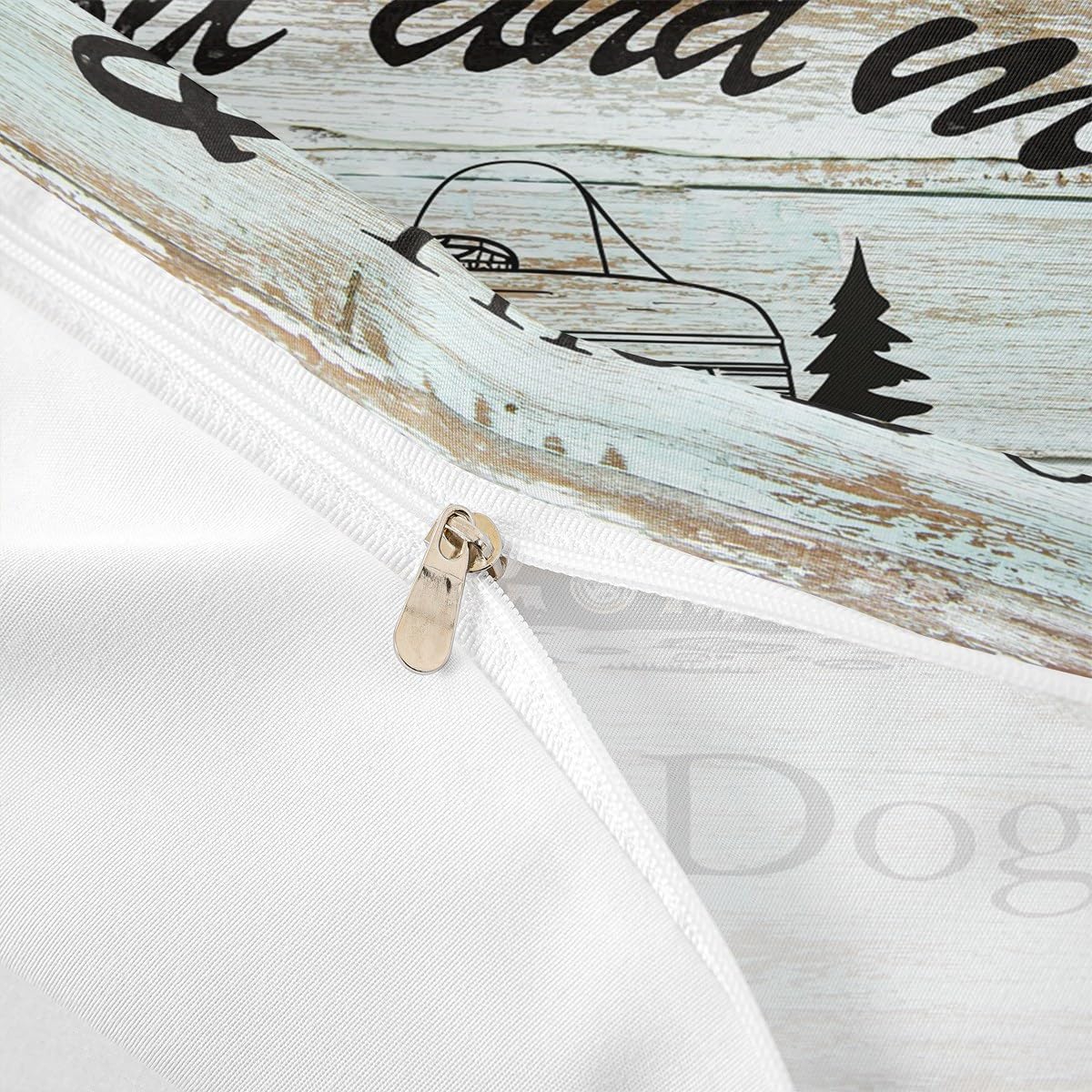 Happy Camping Duvet Cover Set Queen Size, Camper Truck Bedding Set 3pcs for Kids Boy Girls, Adventure Theme Dog Lover Comforter Cover Rustic Farmhouse Quilt Cover with 2 Pillowcases,No Comforter
