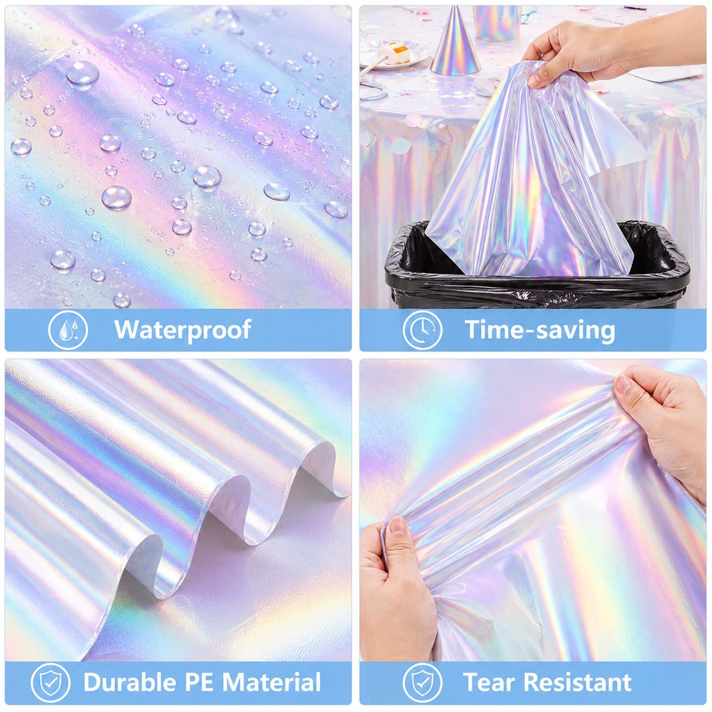 NKPDAXM 3 Pack Iridescent Tablecloths, Shiny Disposable Foil Plastic Holographic Table Covers for Rainbow Disco Bachelorette Bridal Wedding Party Decorations, 54" x 108"