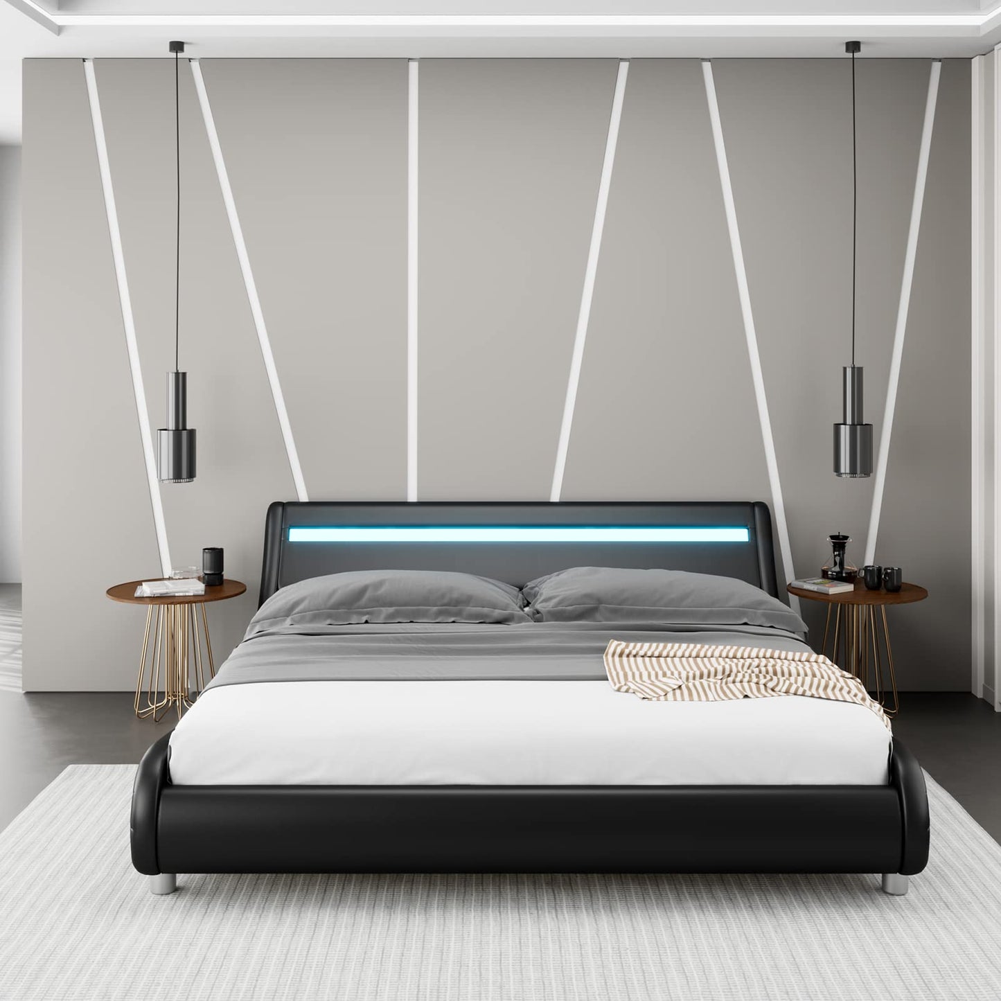 Keyluv Upholstered Full LED Bed Frame with Headboard, Modern Low Profile Platform Bed with Strong Slats Support, Faux Leather Wave-Like Bed Frame, Easy Assembly, No Box Spring Needed, Black
