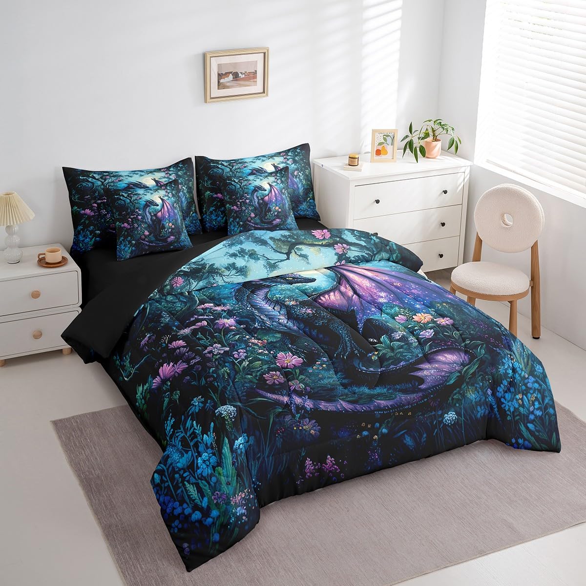 Feelyou Dragon Comforter Set with Sheets Twin Size Dragon Stuff Bed in a Bag for Boys Girls Teens Wild Life 7 Pieces Bedding Set Jungle Dragon Bed Set Room Decor Balck Blue