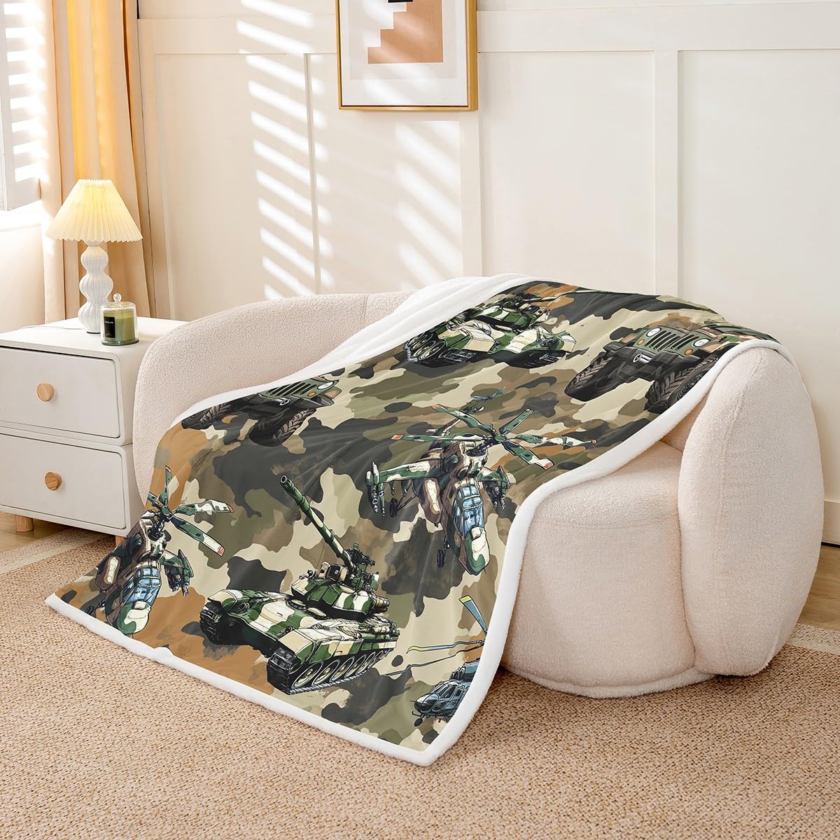 War Theme Kids Throw Blanket,Warplane Aircraft Helicopters Army Tanks Bed Blanket for Boys Men,Retro Green Camouflage Fleece Blanket,Camo Green Fuzzy Blanket,Throw Size (50 x 60 Inches)