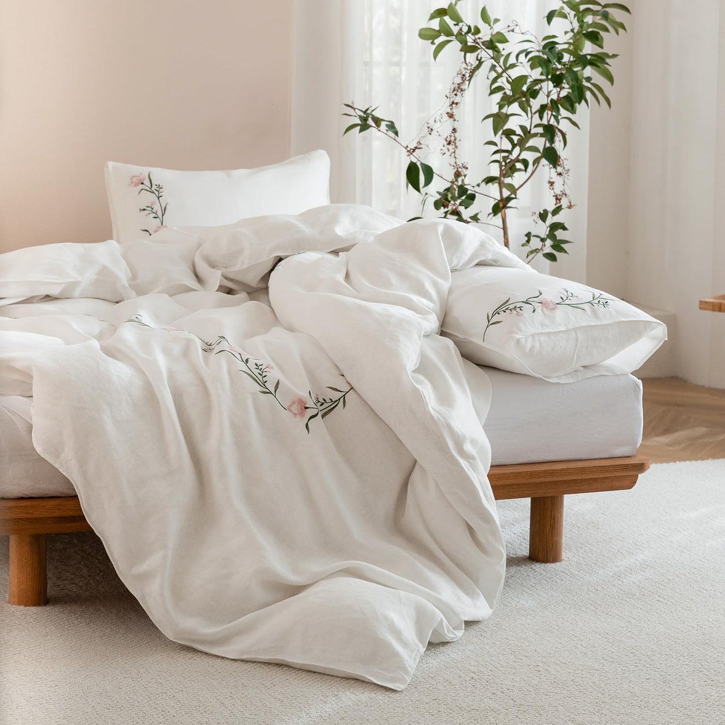 EVERLY 100% Pure Linen Duvet Cover Set Queen Size90X90Inch 3pcs (1 Duvet Cover,2 Pillowcases) Soft and Breathable for All Season with Coconut Button Closure, Suitable for Hot Sleepers-Linen-Queen