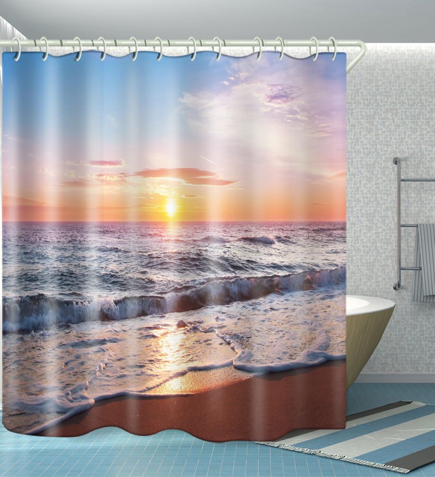LYFANS Bathroom 3D Beach Sunset Decorative Shower Curtains, Fabric Shower Curtains with 12 Curtain Hooks, Bathtub Shower Curtain, 72x79 inch Waterproof Shower Curtain