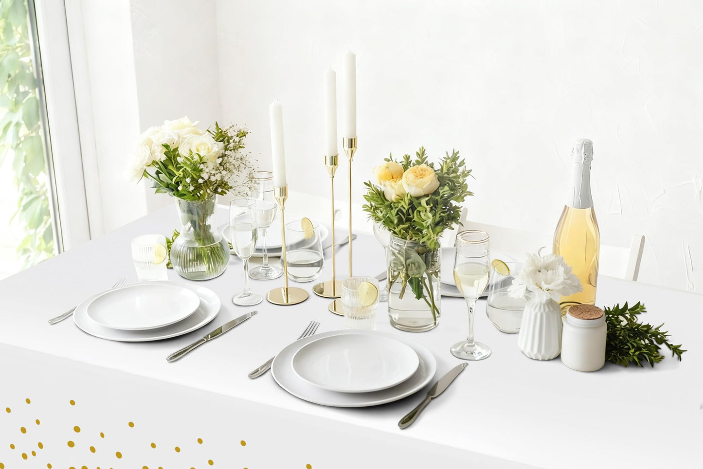 Smiry 3 Pack Dot Disposable Tablecloth, 54 x 132 Inch Waterproof Plastic Table Cloth, Decorative Table Covers for Picnic, Birthday, Party, Outdoor, Gold in White