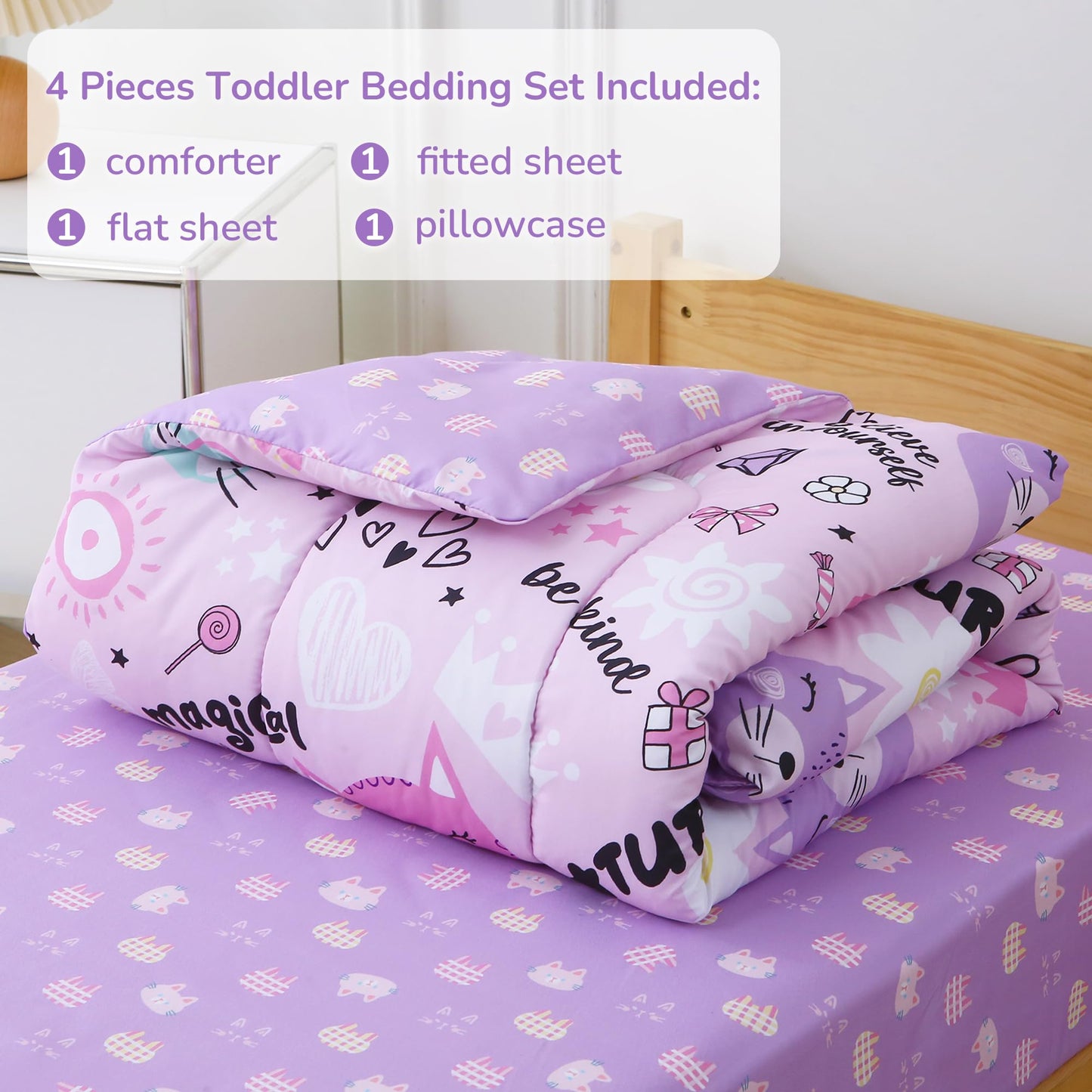 Viviland Purple Cat Toddler Comforter Sets, Cute Girls Toddler Bedding Set, Soft Microfiber Toddler Bed Set