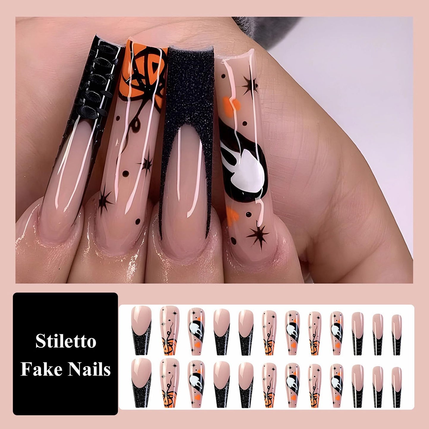 MISUD Press on Nails - Long Coffin Fake Nails with Goth Black, Acrylic Gothic Ghost Design 24 pcs
