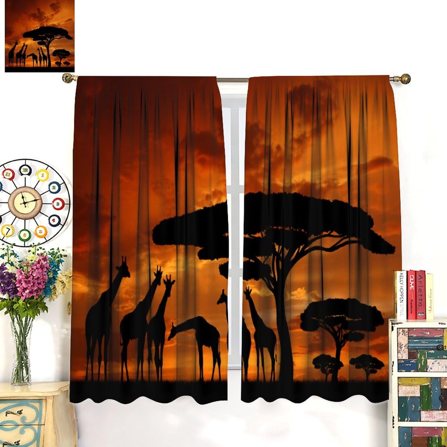 Africa Curtains, Savannah Animal Giraffe and Majestic Tree at Sunrise in Kenya, Living Room Bedroom Rod Pocket Blackout Window Drapes Burnt Orange and Black 42" W X 45" L