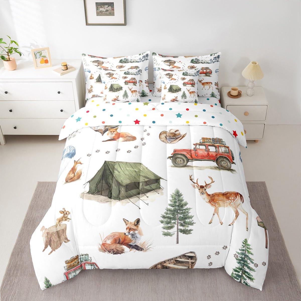 Erosebridal Wild Animal 7 Piece Comforter Set Twin Happy Camping Bed in A Bag Fox Deer Wildlife Woodland Animals Bedding Sets for Boys Girls Camper Car Western Cowboy Sheet Set with Comforter
