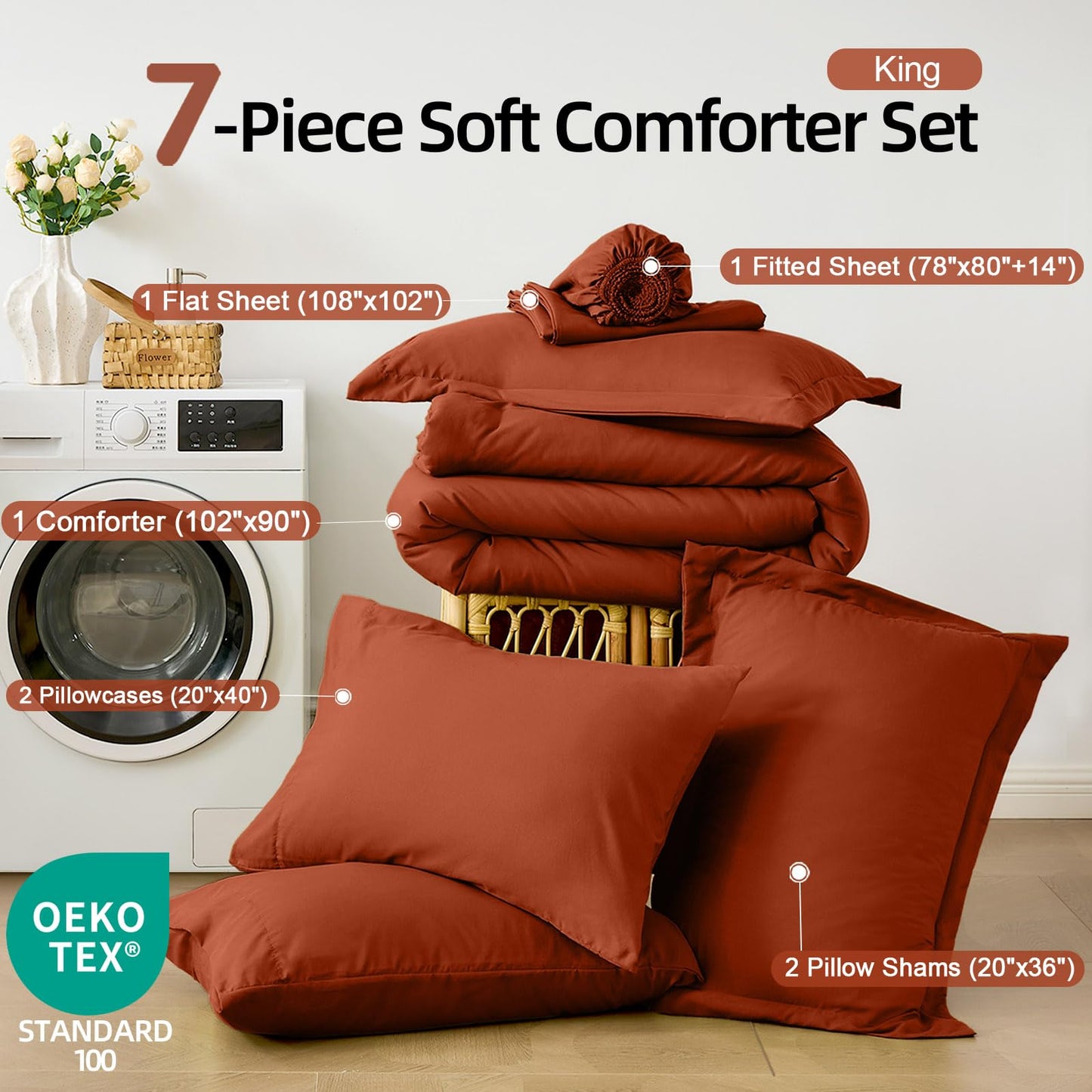 FUANNA King Size Comforter Sets Burnt Orange, 7 Pieces Soft Bedding Set, All Season Lightweight Bed in a Bag with Comforter, Flat Sheet, Fitted Sheet, Pillowcases & Shams