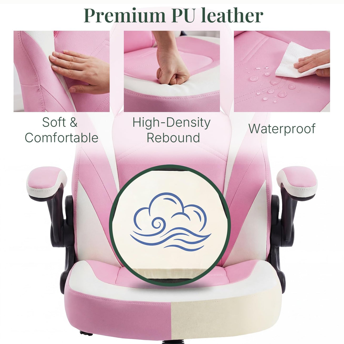 HAPPYMONT Ergonomic Computer Gaming Chair - Home Office Desk with PU Leather Lumbar Support, Height Adjustable Big and Tall Video Game with Flip-up Armrest, Swivel Wheels for Adults,White and Pink