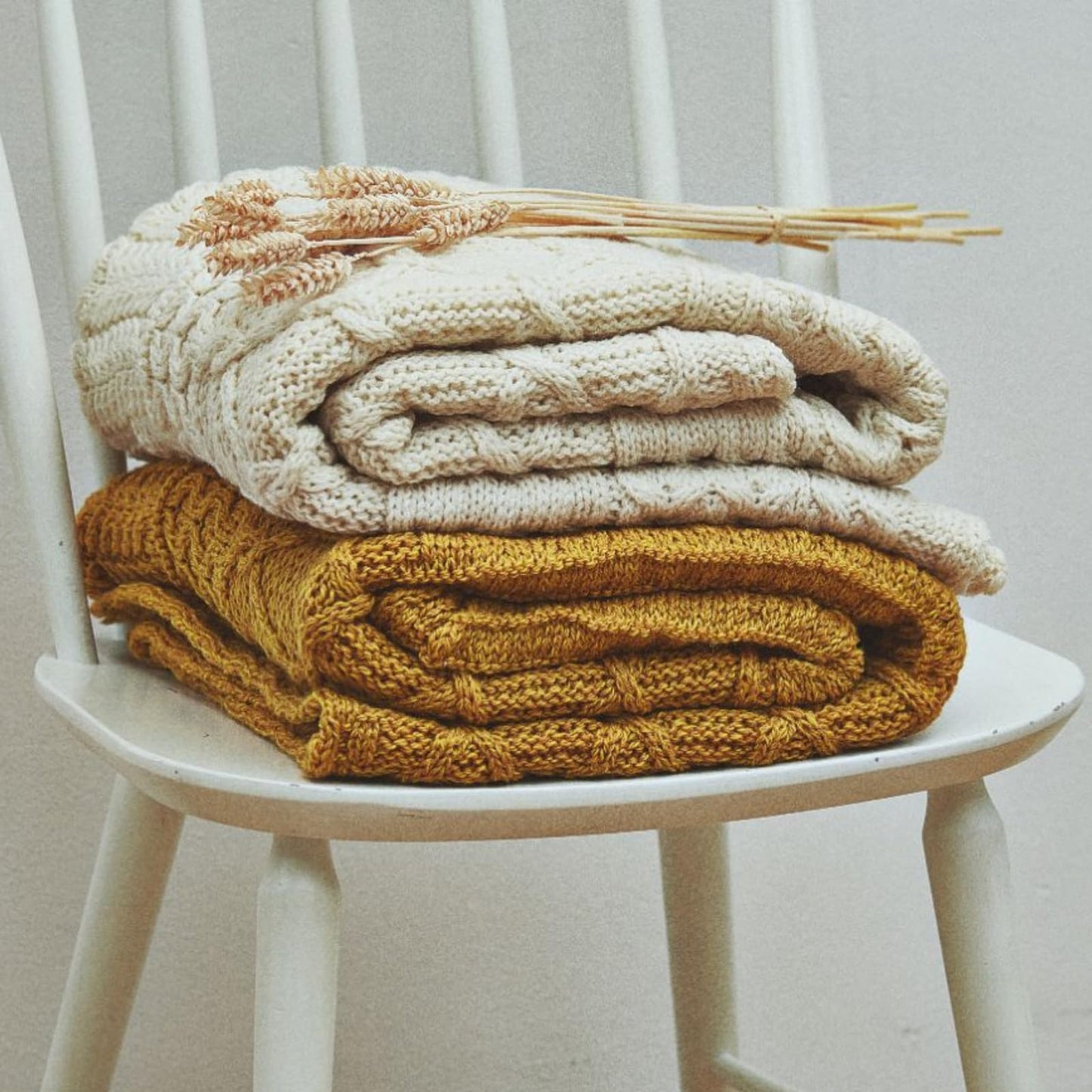 Aran Woollen Mills Patchwork Blanket, 100% Merino Wool, Cable Throw Blanket for Couch or Bed, Made in Ireland, Keel, Yellow, 40" x 60" (102 x 152 cm)