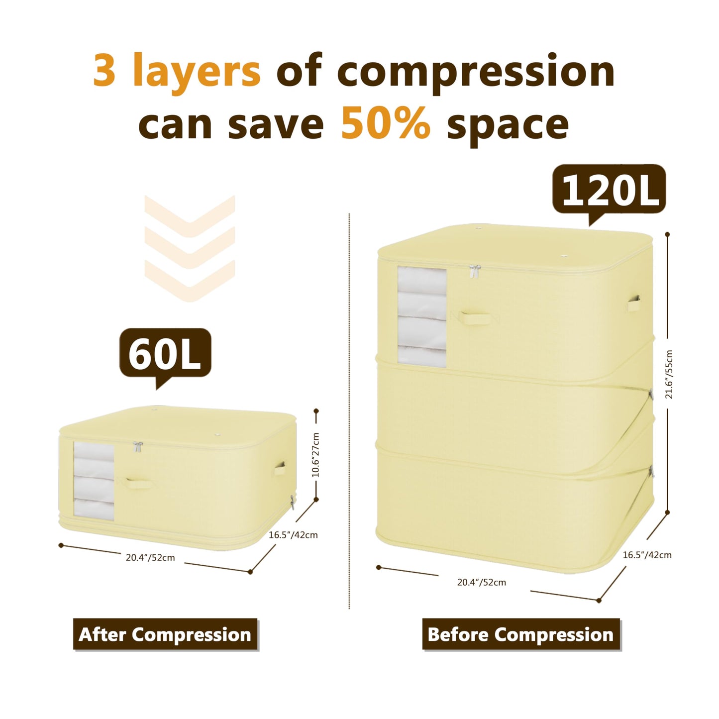 3-Pack Vacuum Storage Bags – Compressible & Foldable Closet Organizer Bags with Reinforced Handles, Suitable for Storing Clothes, Blankets, Down Comforters, Bed Sheets, Pillows & Toys (cream)