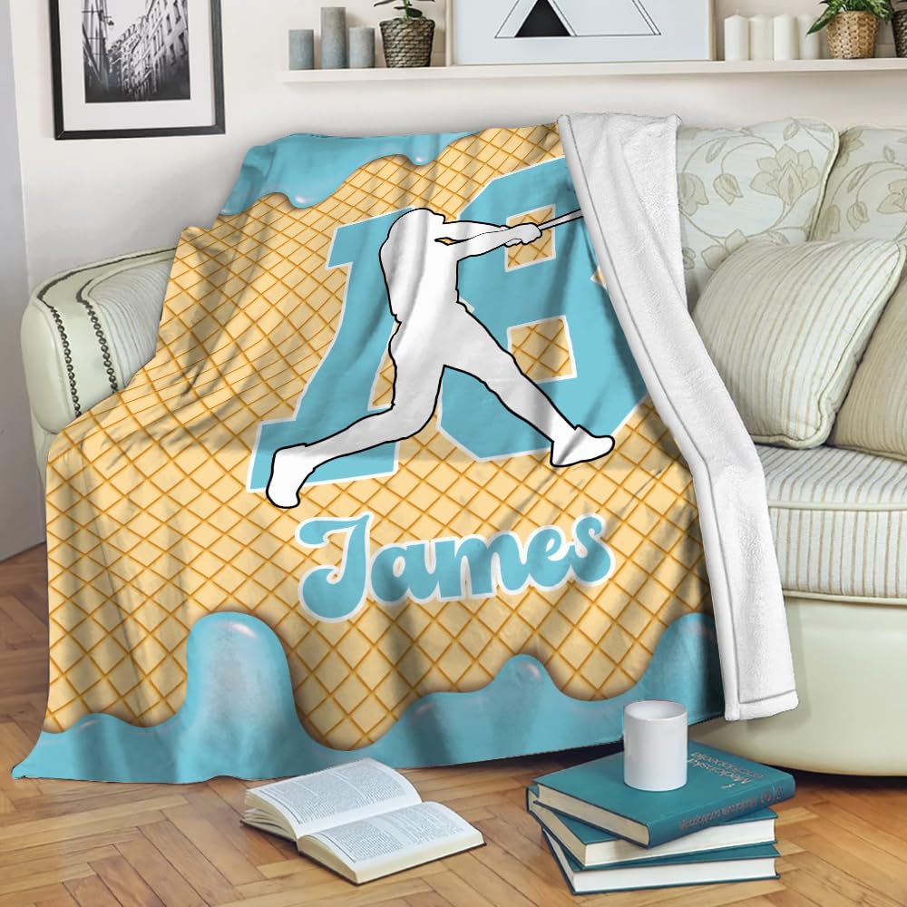 Personalized Baseball Ice Cream Drip Blanket – Custom Name & Number Baseball Throw Blanket, Soft Cozy Sports Blanket, Gift for Kids, Teens & Adults, Bedroom or Couch Décor (Ice Cream Drip Baseball #1)