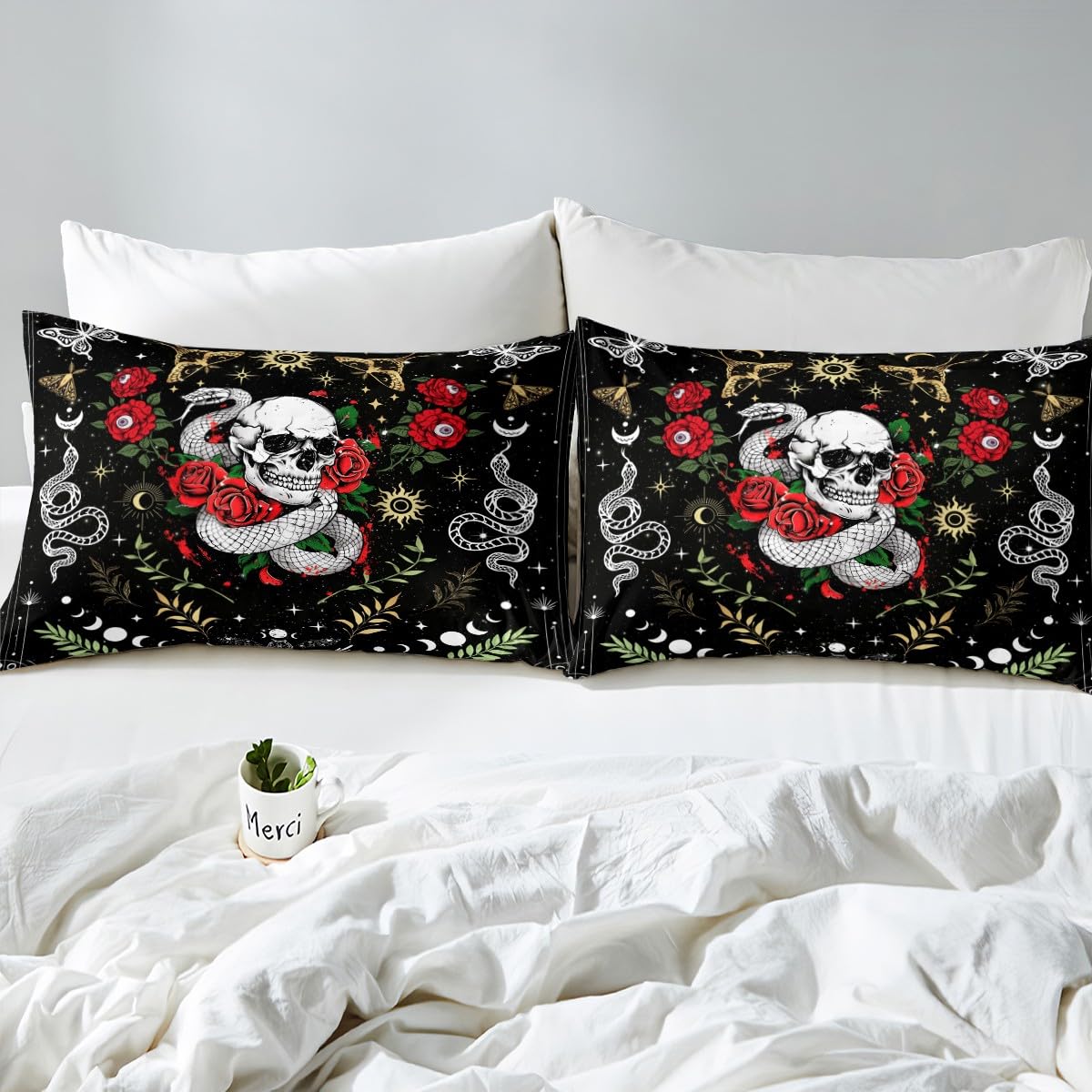 Castle Fairy Mysterious Halloween Theme Fitted Sheet Queen Size Romantic Skeleton Snake Rose Bedding Sheet Set,Bohemian Sun Moon Bed Cover Ultra Soft Breathable Bedding 3 Pcs