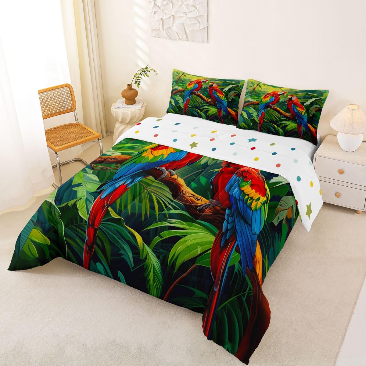 Manfei Parrots Comforter Set 2Pcs Tropical Palm Leaves Twin Size Bedding Set Natural Wildlife Duvet Insert for Kids Boys Girls Adult Room Decor(1 Comforter,1 Pillowcase) Jungle Wild Animals